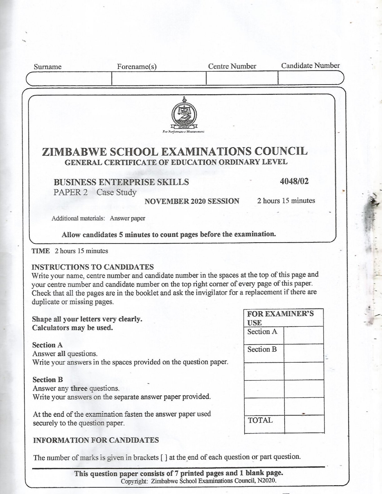 First page of ZIMSEC O-Level Business Enterprise Skills Paper 2 November 2020 Question Paper