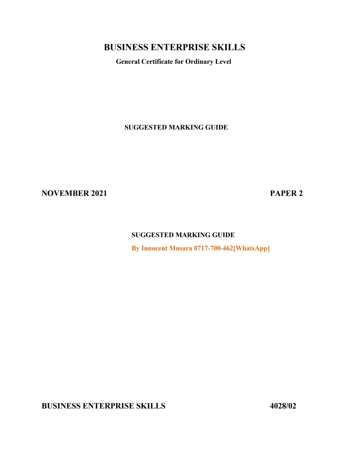 First page of ZIMSEC O-Level Business Enterprise Skills Paper 2 November 2021 Marking Scheme