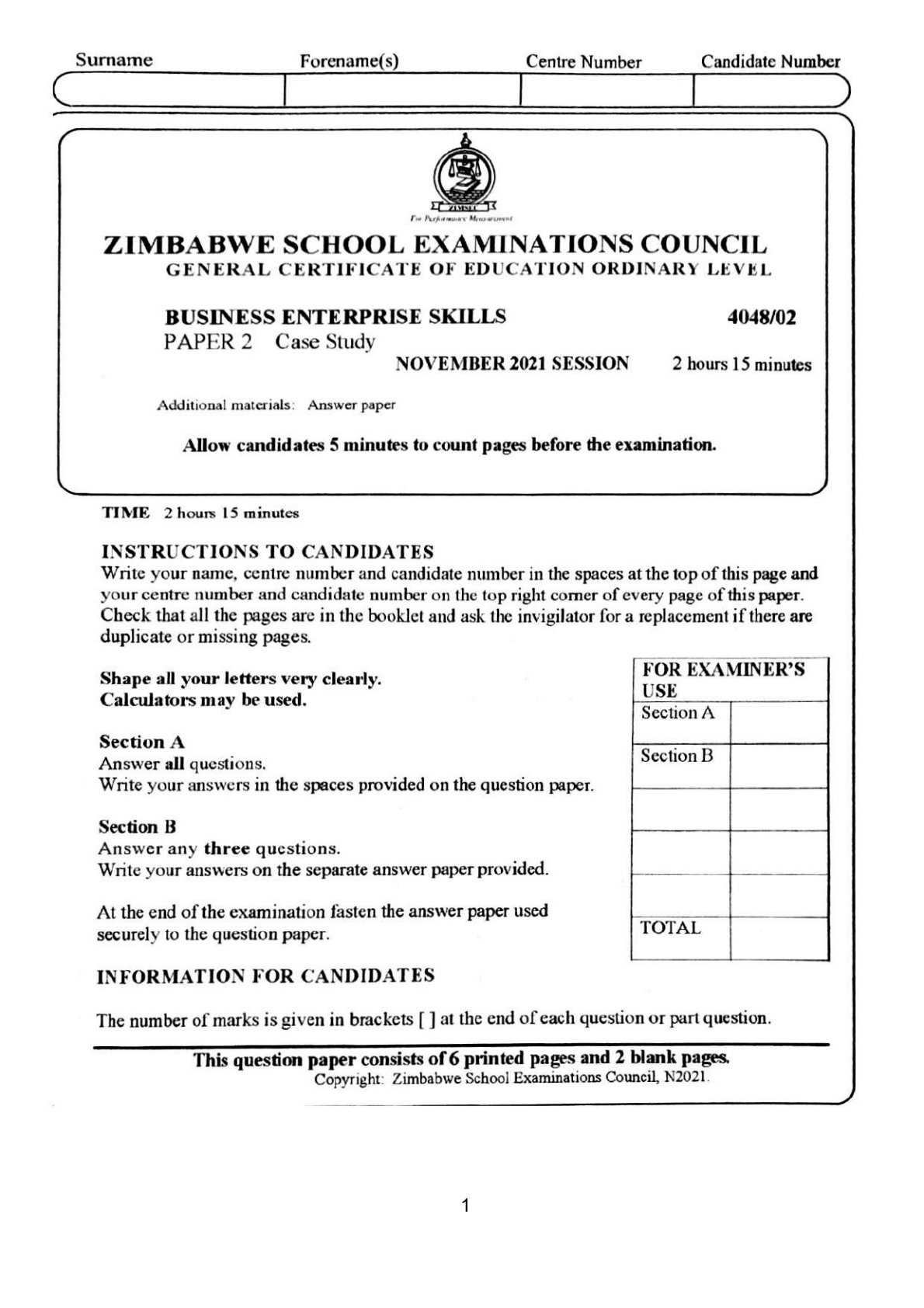 First page of ZIMSEC O-Level Business Enterprise Skills Paper 2 November 2021 Question Paper