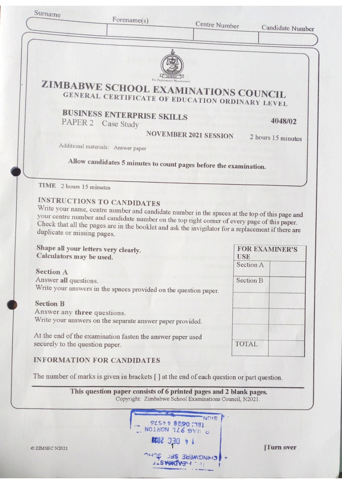 First page of ZIMSEC O-Level Business Enterprise Skills Paper 2 November 2021 Question Paper