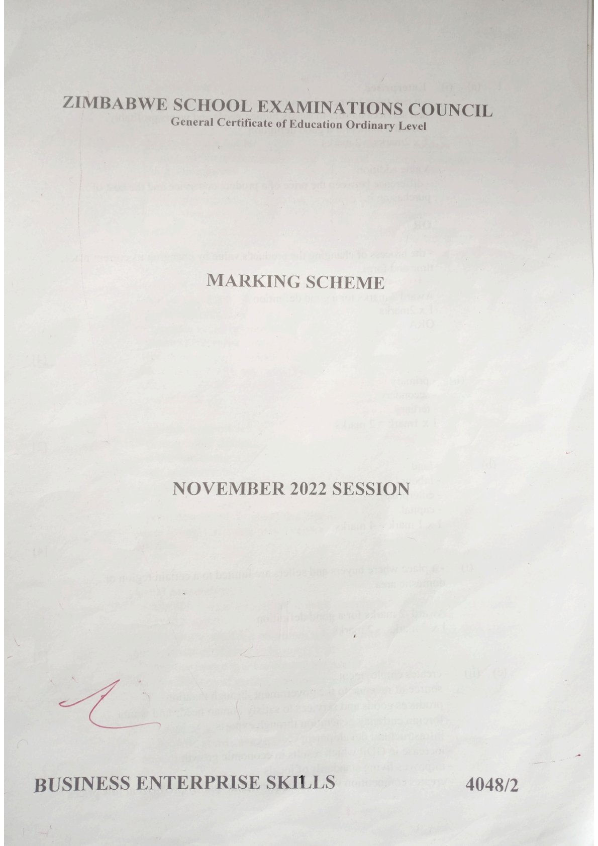 First page of ZIMSEC O-Level Business Enterprise Skills Paper 2 November 2022 Marking Scheme