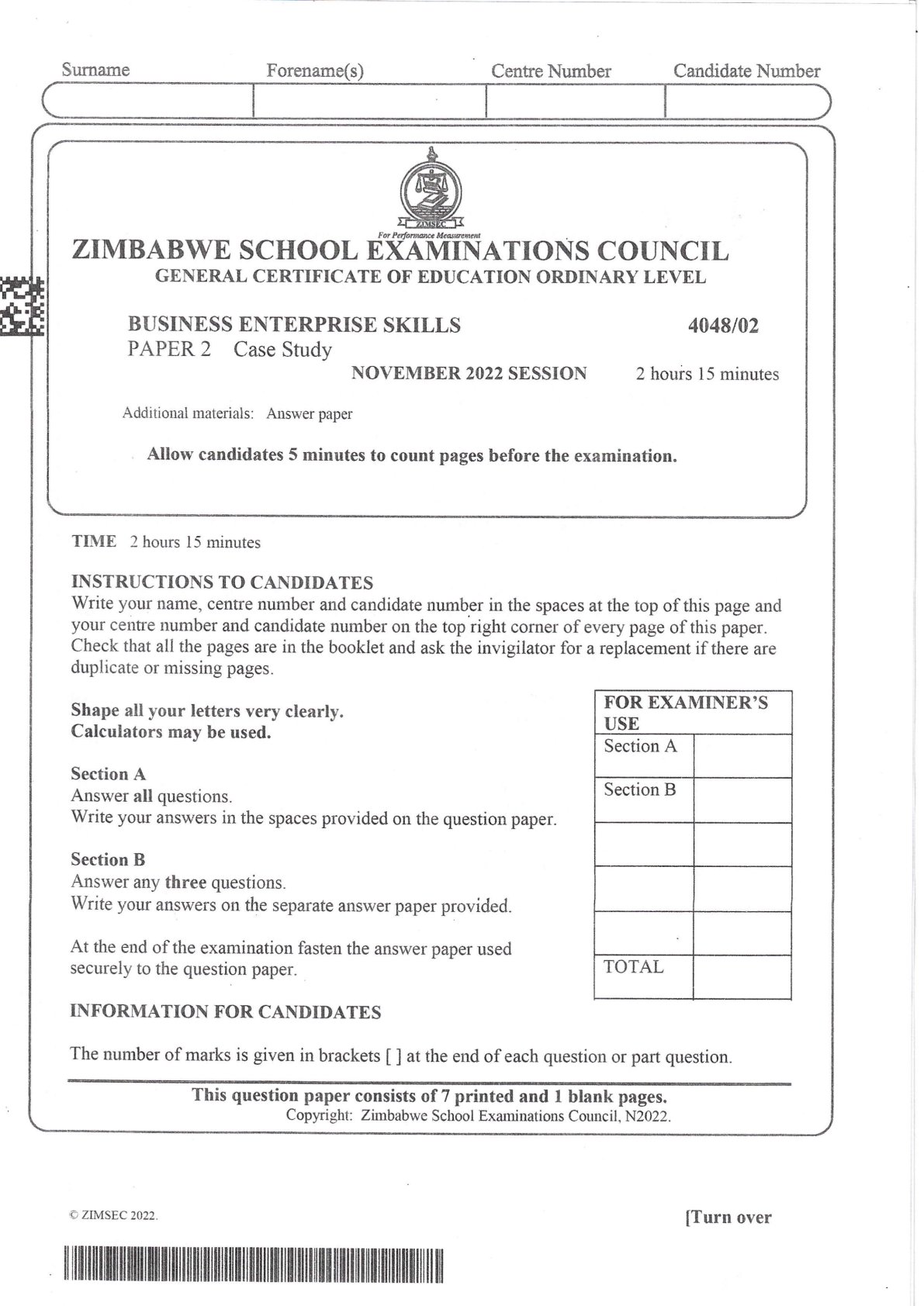 First page of ZIMSEC O-Level Business Enterprise Skills Paper 2 November 2022 Question Paper