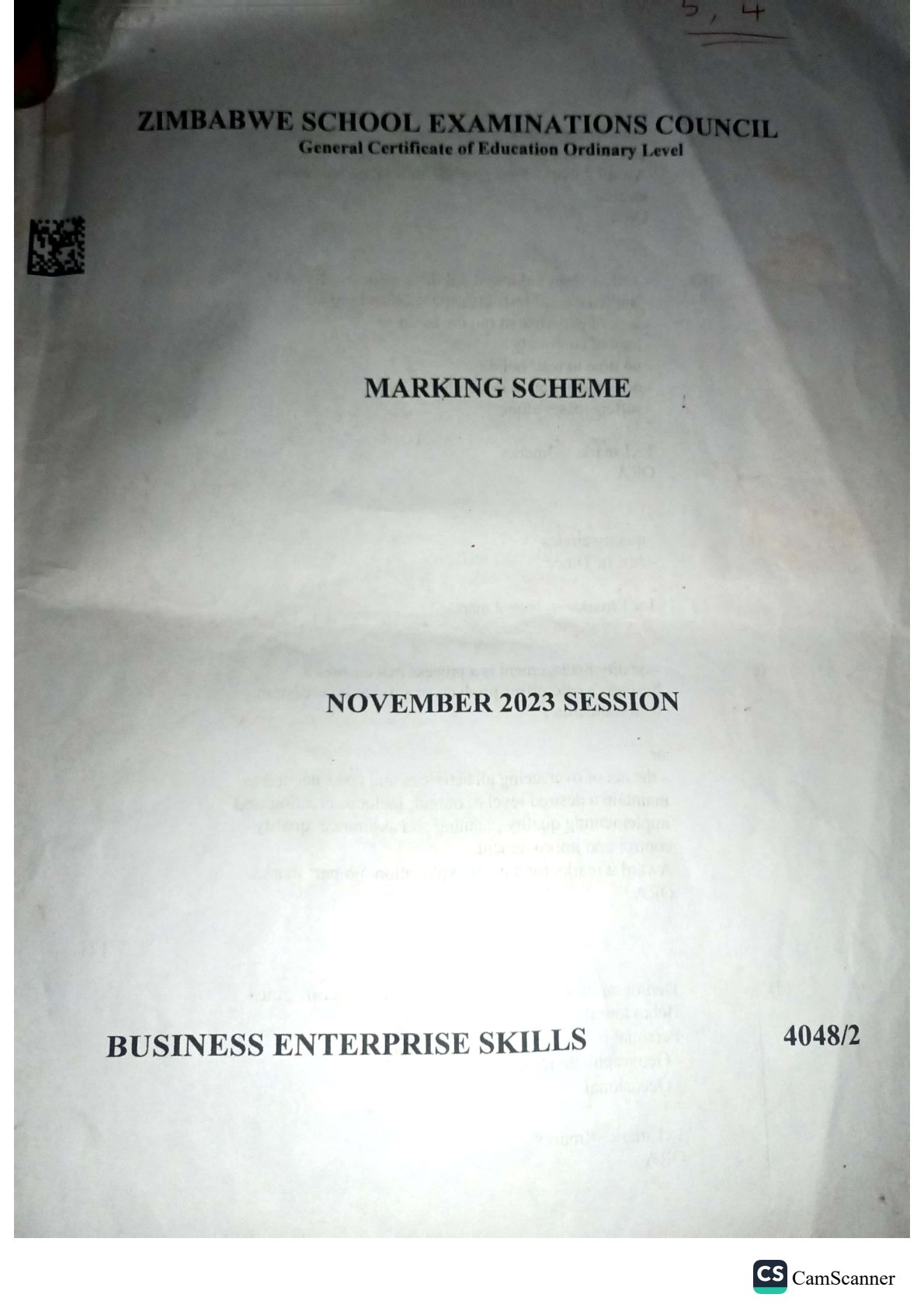 First page of ZIMSEC O-Level Business Enterprise Skills Paper 2 November 2023 Marking Scheme