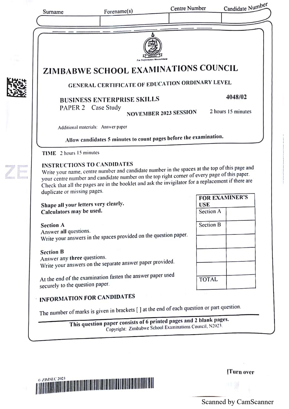 First page of ZIMSEC O-Level Business Enterprise Skills Paper 2 November 2023 Question Paper