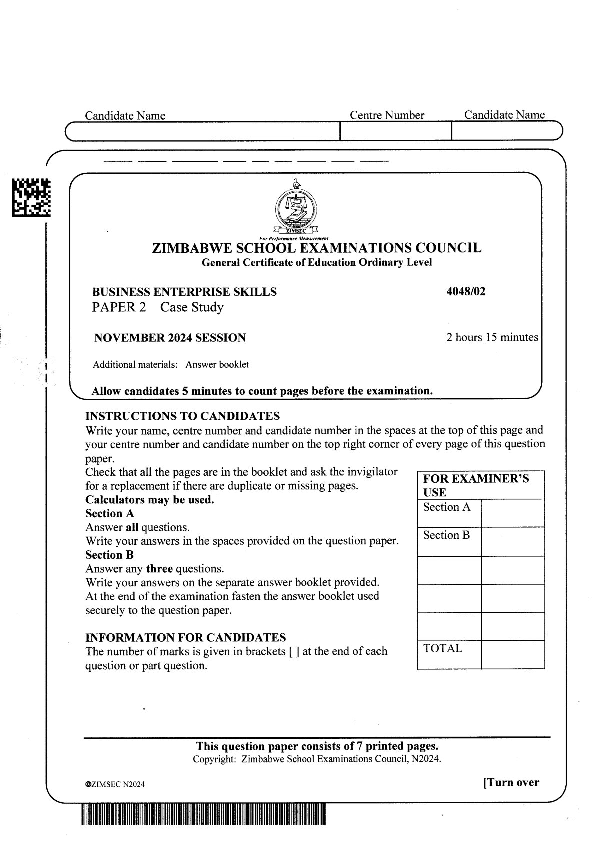 First page of ZIMSEC O-Level Business Enterprise Skills Paper 2 November 2024 Question Paper