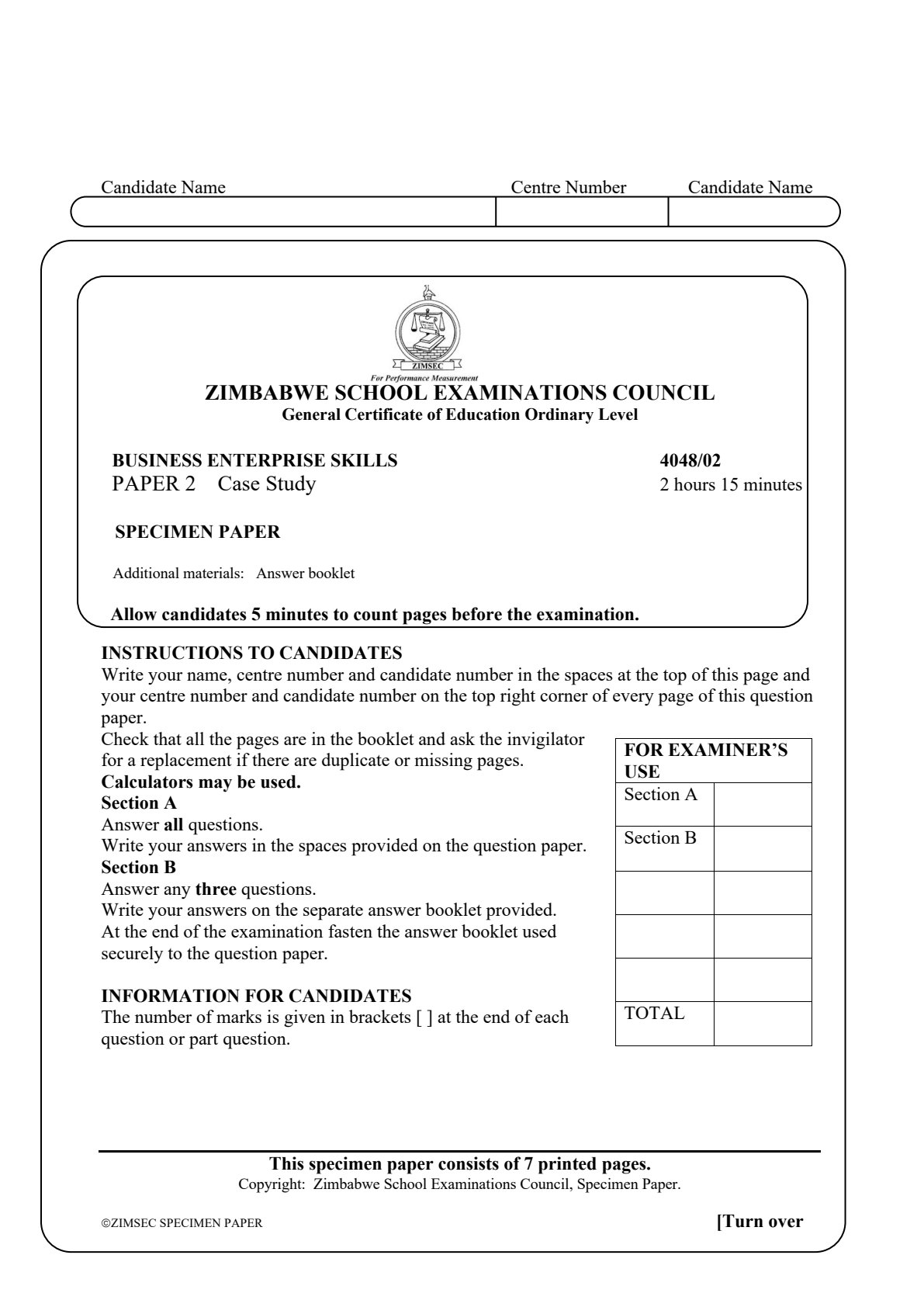 First page of ZIMSEC O-Level Business Enterprise Skills Paper 2 Question Paper