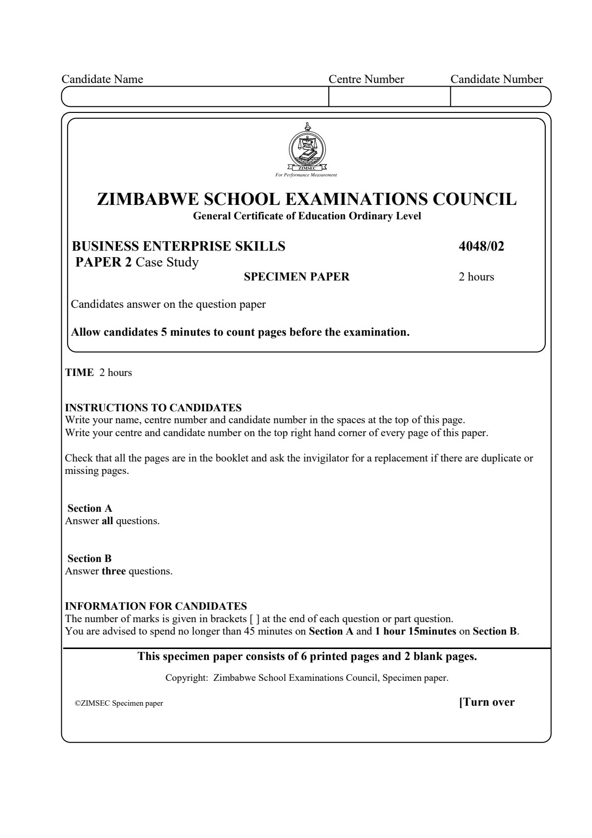 First page of ZIMSEC O-Level Business Enterprise Skills Paper 2 Question Paper