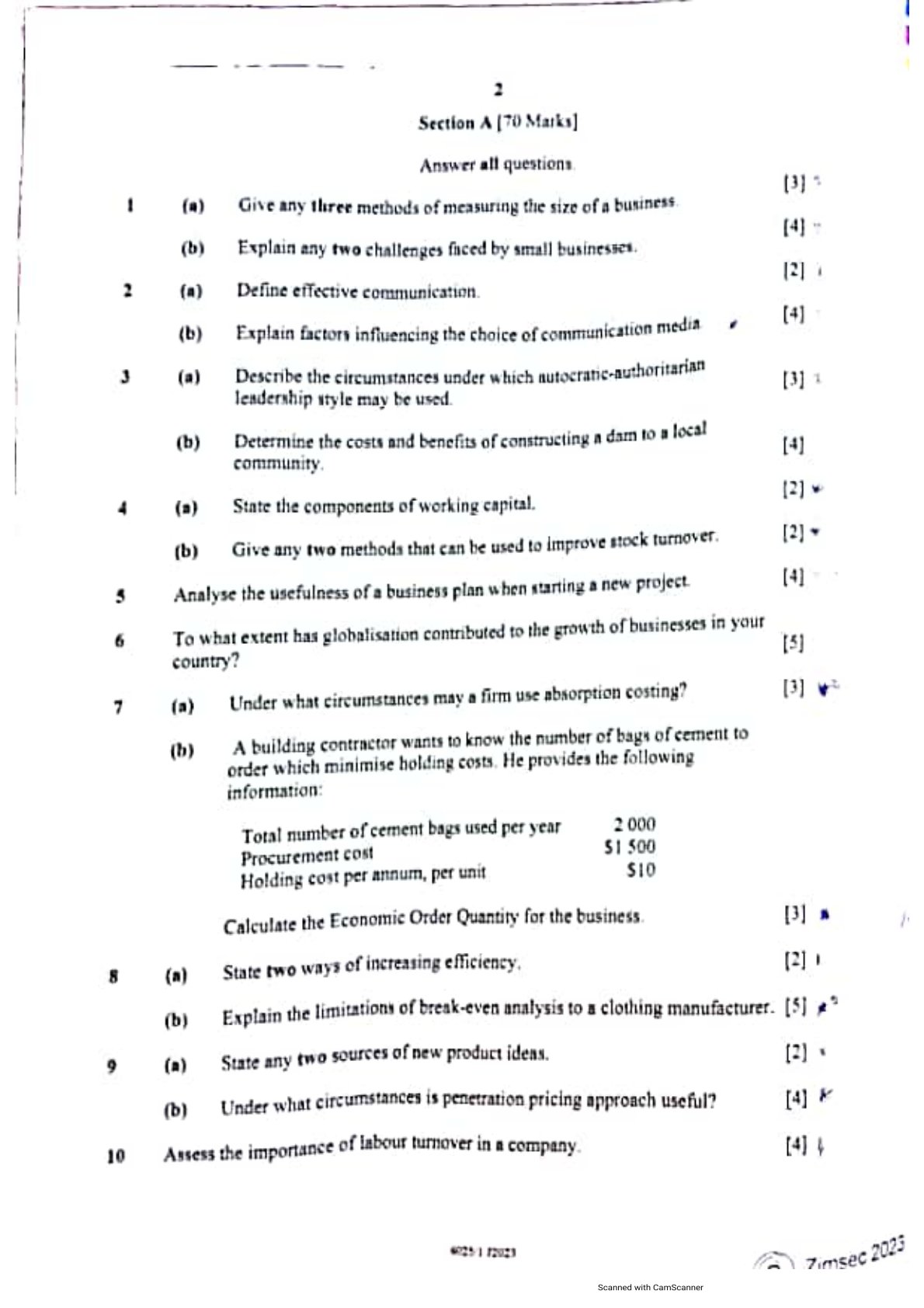 First page of ZIMSEC O-Level Business Studies Paper 1 June 2023 Question Paper