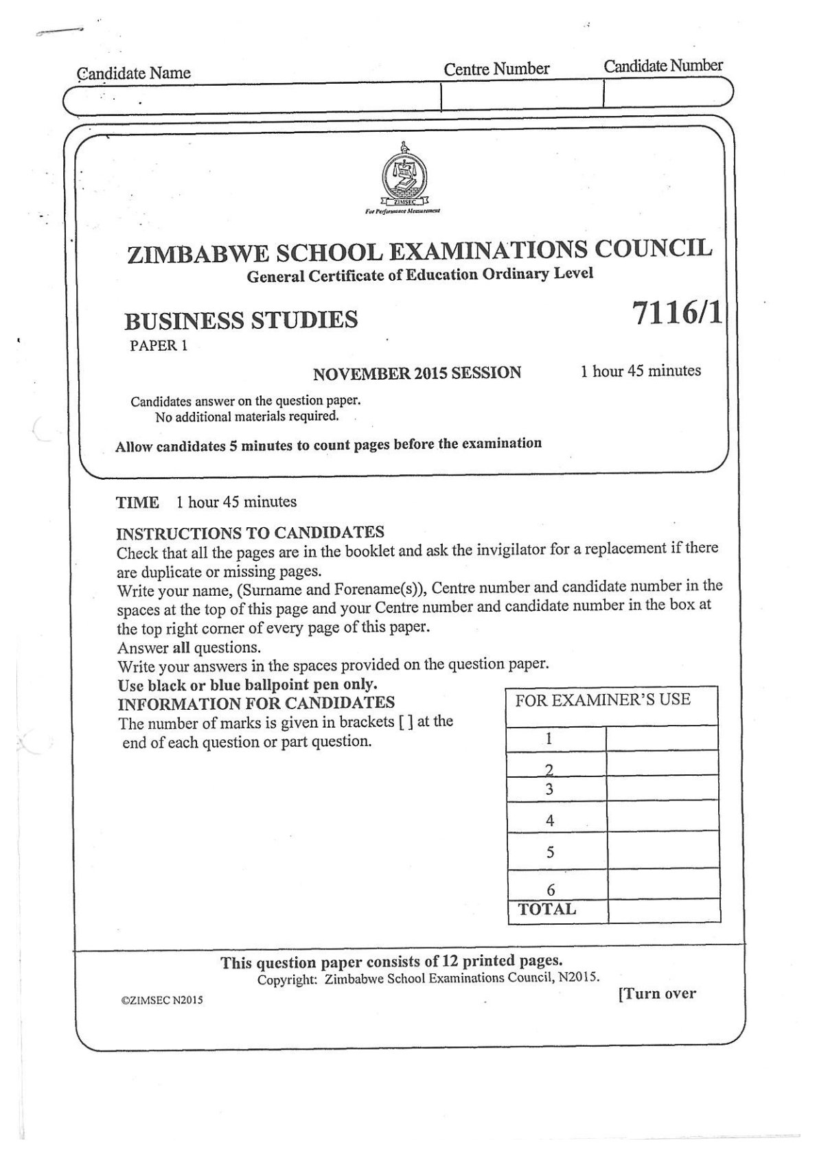 First page of ZIMSEC O-Level Business Studies Paper 1 November 2015 Question Paper