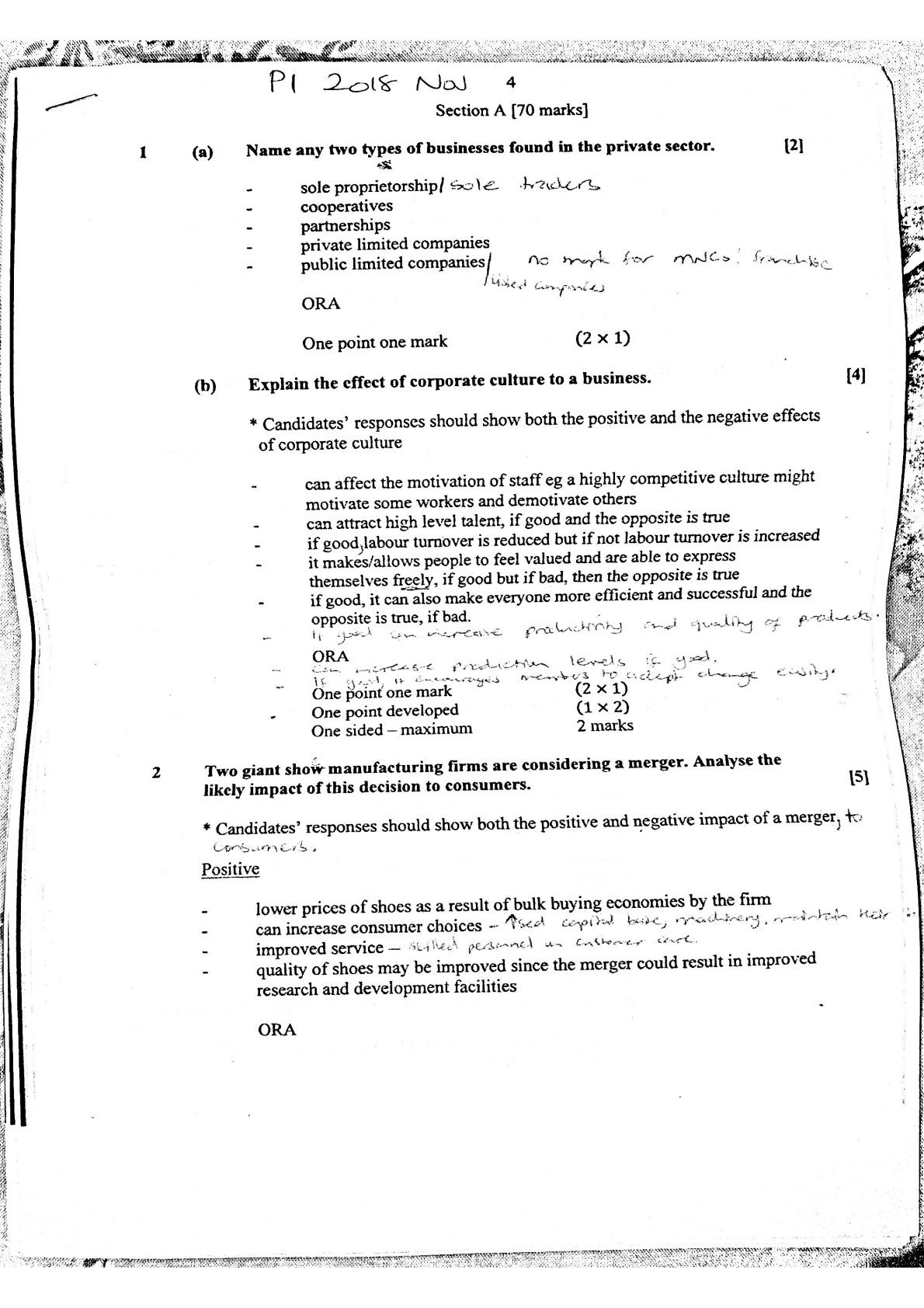 First page of ZIMSEC O-Level Business Studies Paper 1 November 2018 Marking Scheme