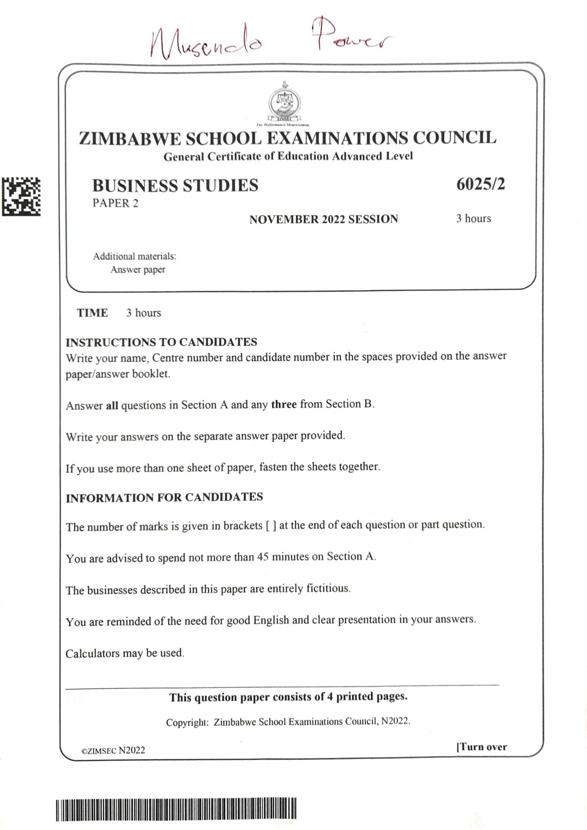 First page of ZIMSEC O-Level Business Studies Paper 2 November 2022 Question Paper