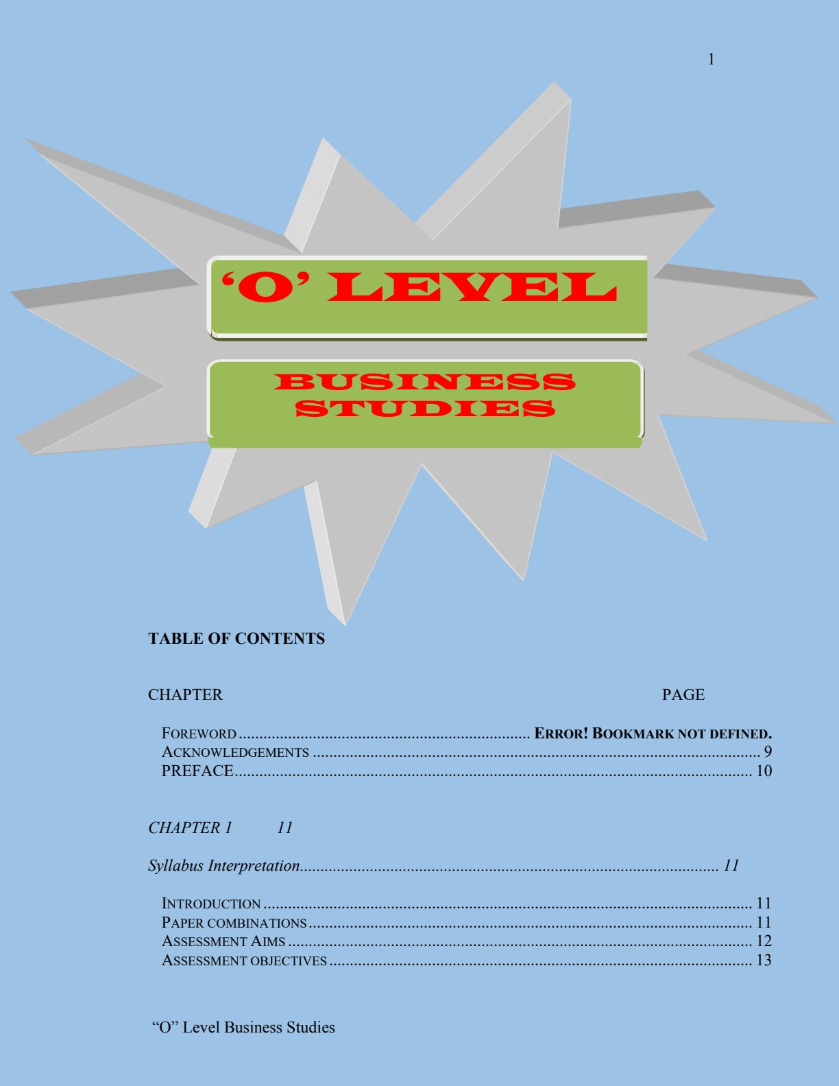 First page of ZIMSEC O-Level Business Studies Study Guide