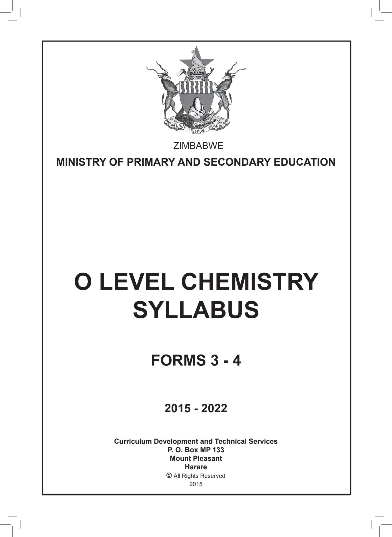 First page of ZIMSEC O-Level Chemistry 2015 Syllabus