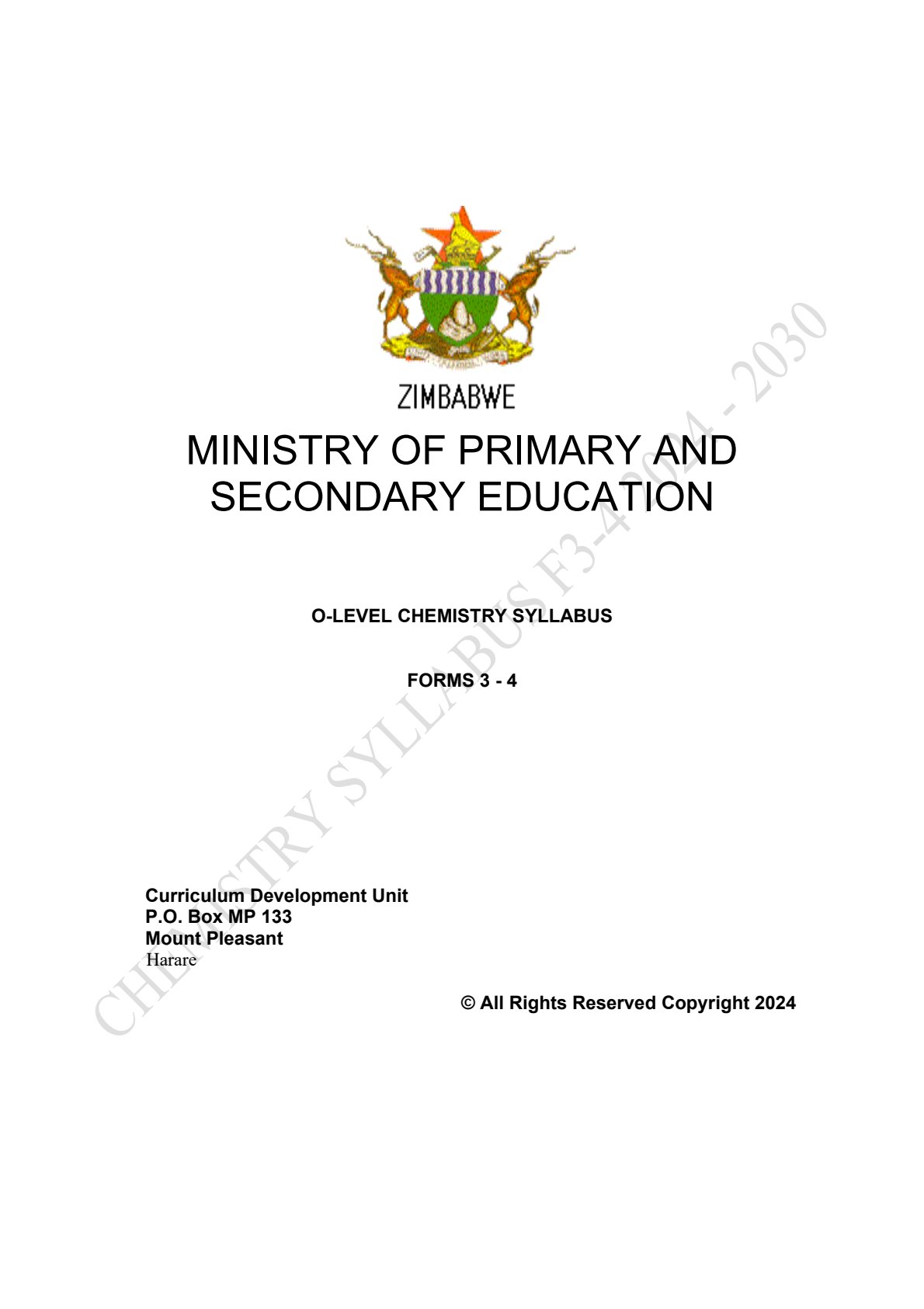 First page of ZIMSEC O-Level Chemistry 2024 Syllabus