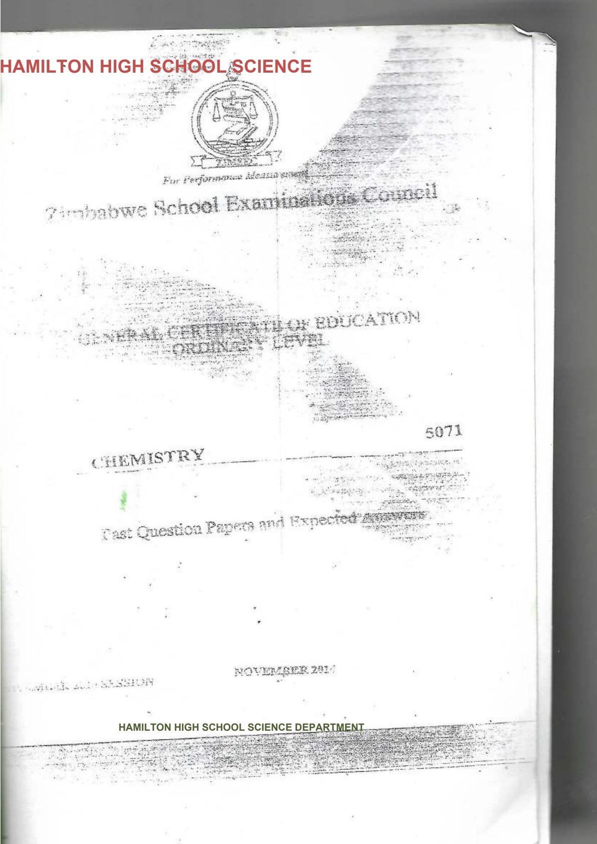 First page of ZIMSEC O-Level Chemistry Green Book 2012 Study Guide