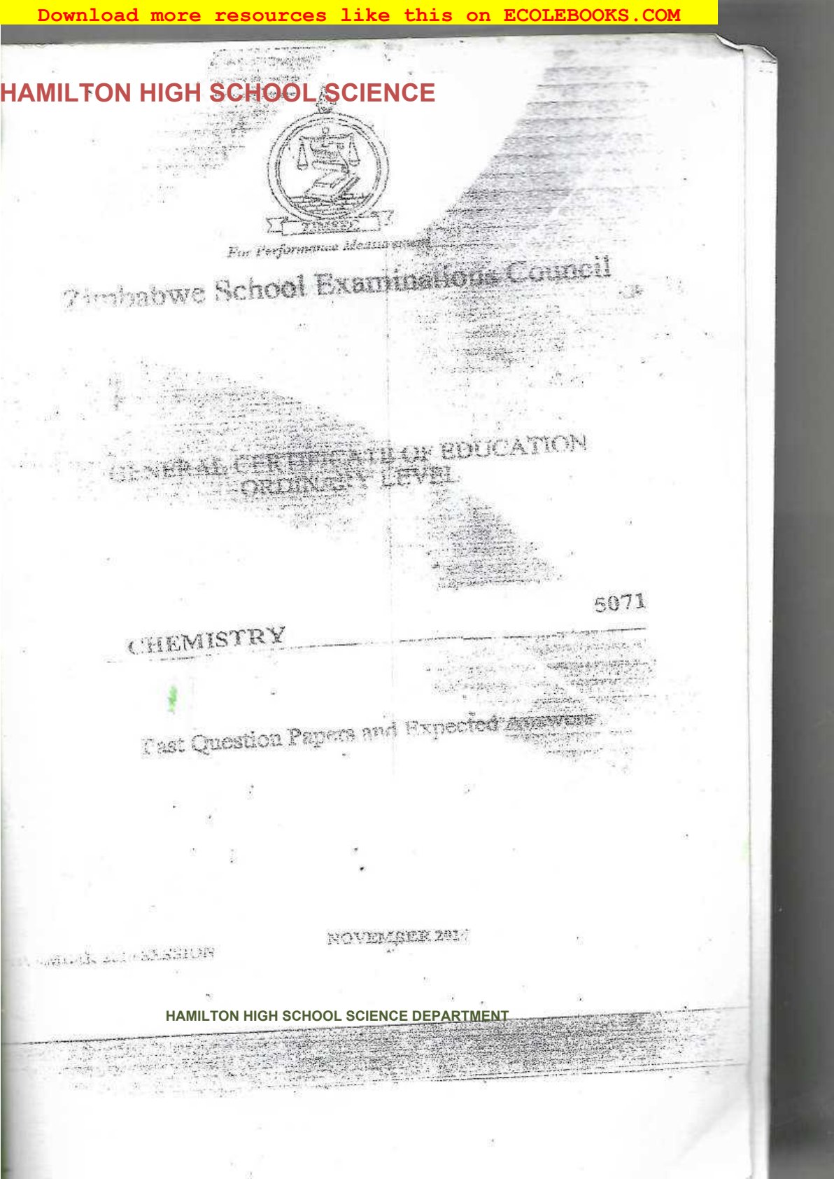 First page of ZIMSEC O-Level Chemistry Green Book Study Guide