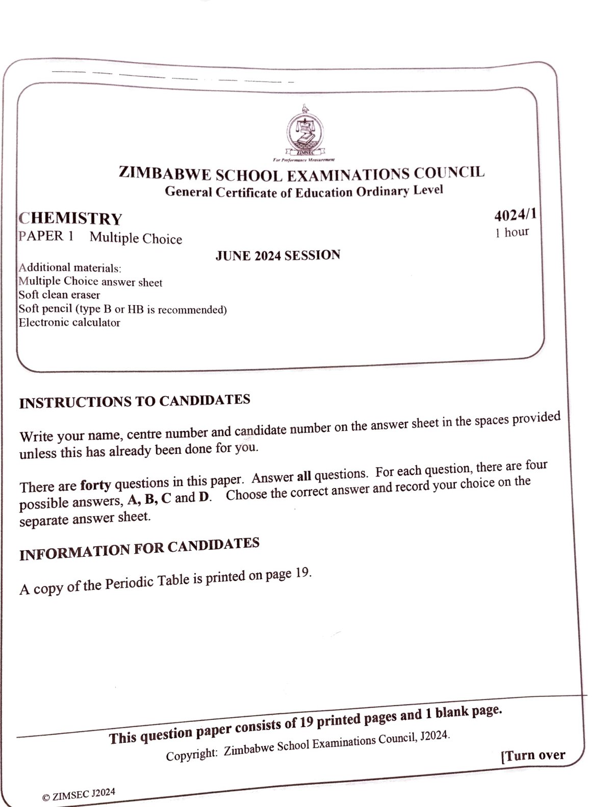 First page of ZIMSEC O-Level Chemistry Paper 1 June 2024 Question Paper