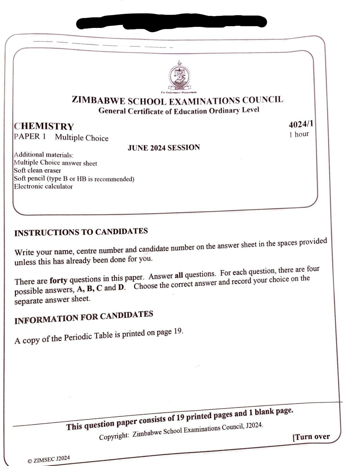 First page of ZIMSEC O-Level Chemistry Paper 1 June 2024 Question Paper