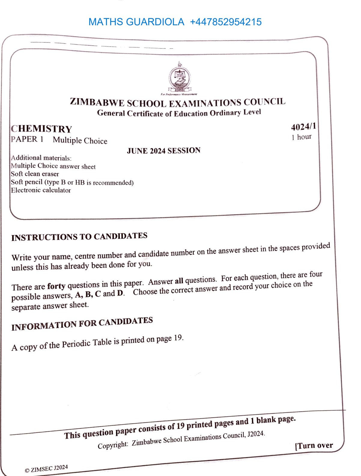 First page of ZIMSEC O-Level Chemistry Paper 1 June 2024 Question Paper