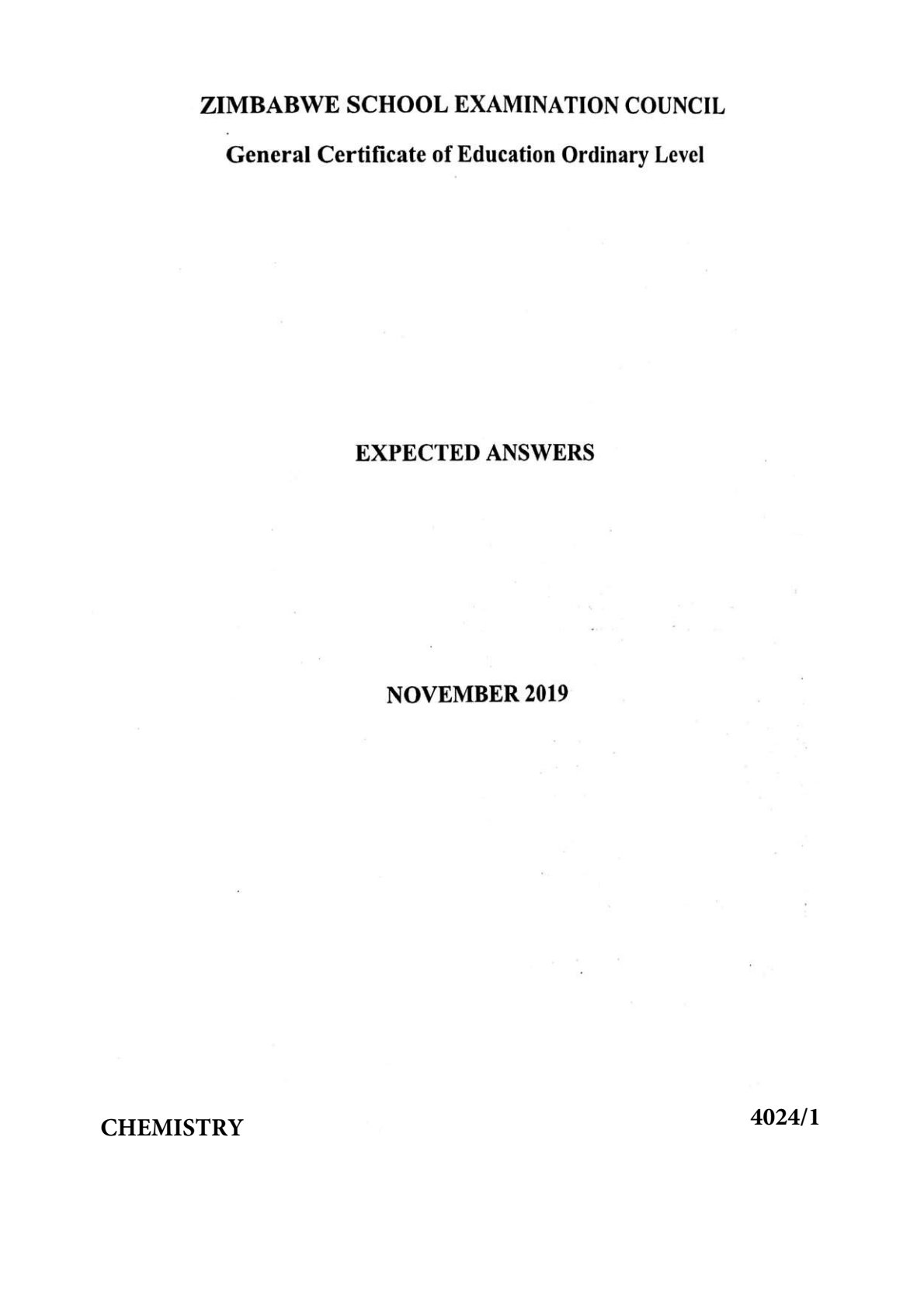 First page of ZIMSEC O-Level Chemistry Paper 1 November 2019 Marking Scheme