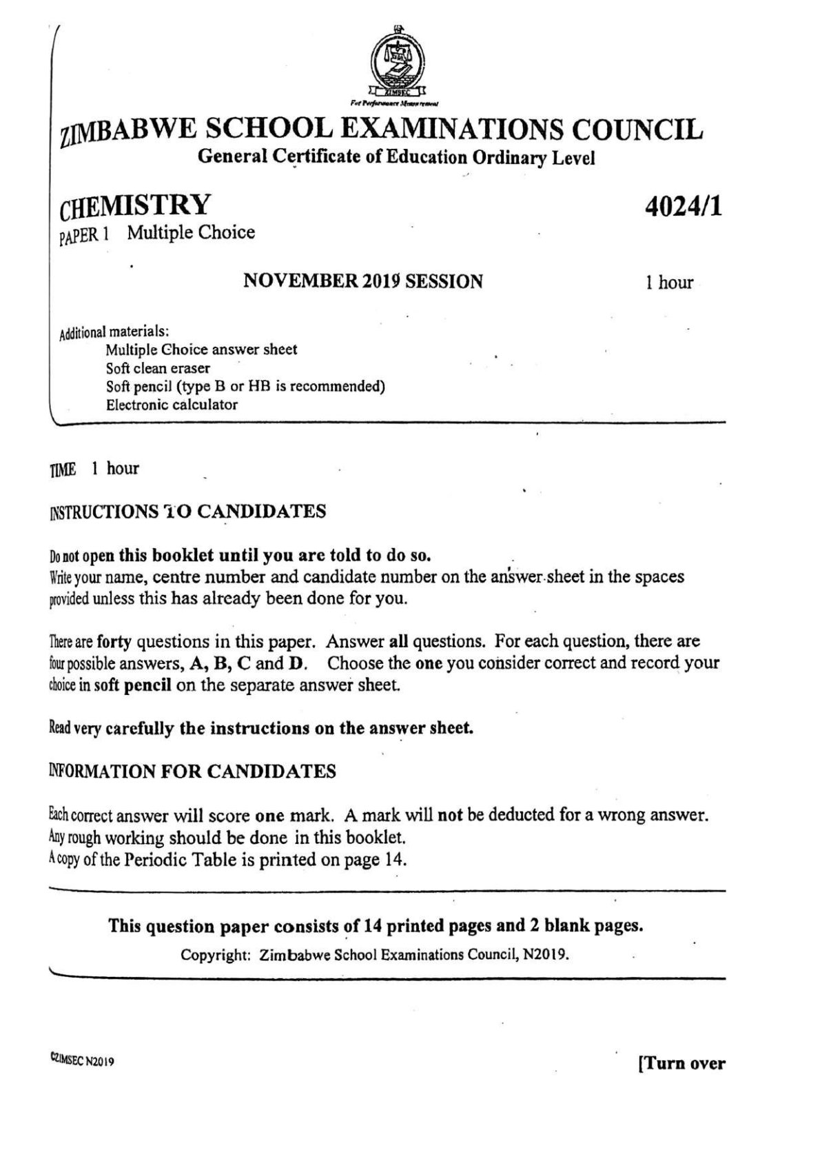 First page of ZIMSEC O-Level Chemistry Paper 1 November 2019 Question Paper