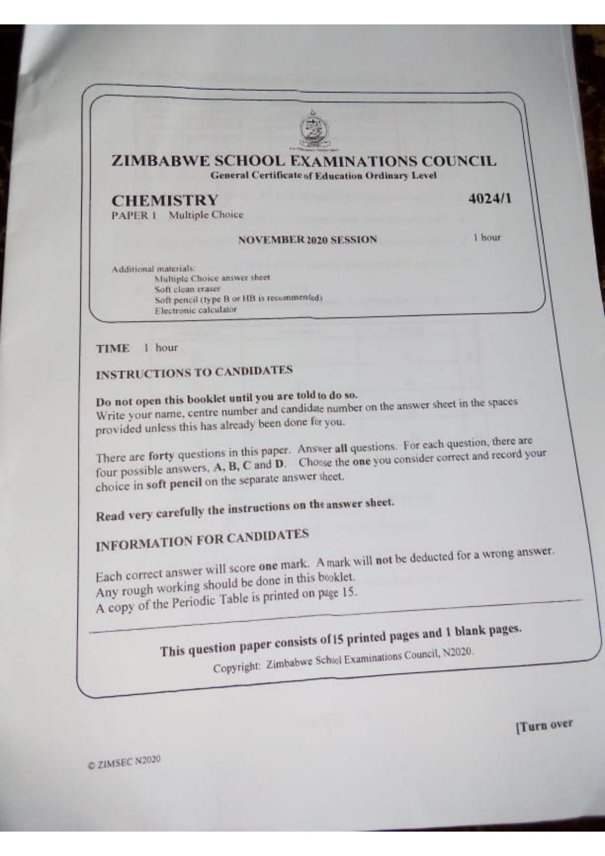 First page of ZIMSEC O-Level Chemistry Paper 1 November 2020 Question Paper