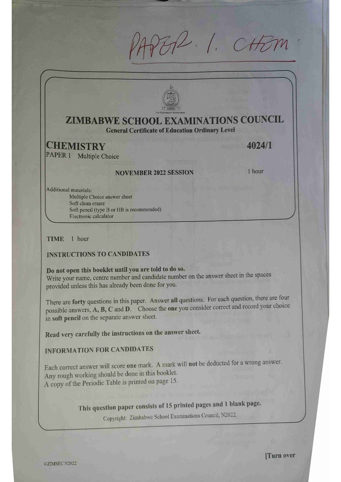 First page of ZIMSEC O-Level Chemistry Paper 1 November 2022 Question Paper