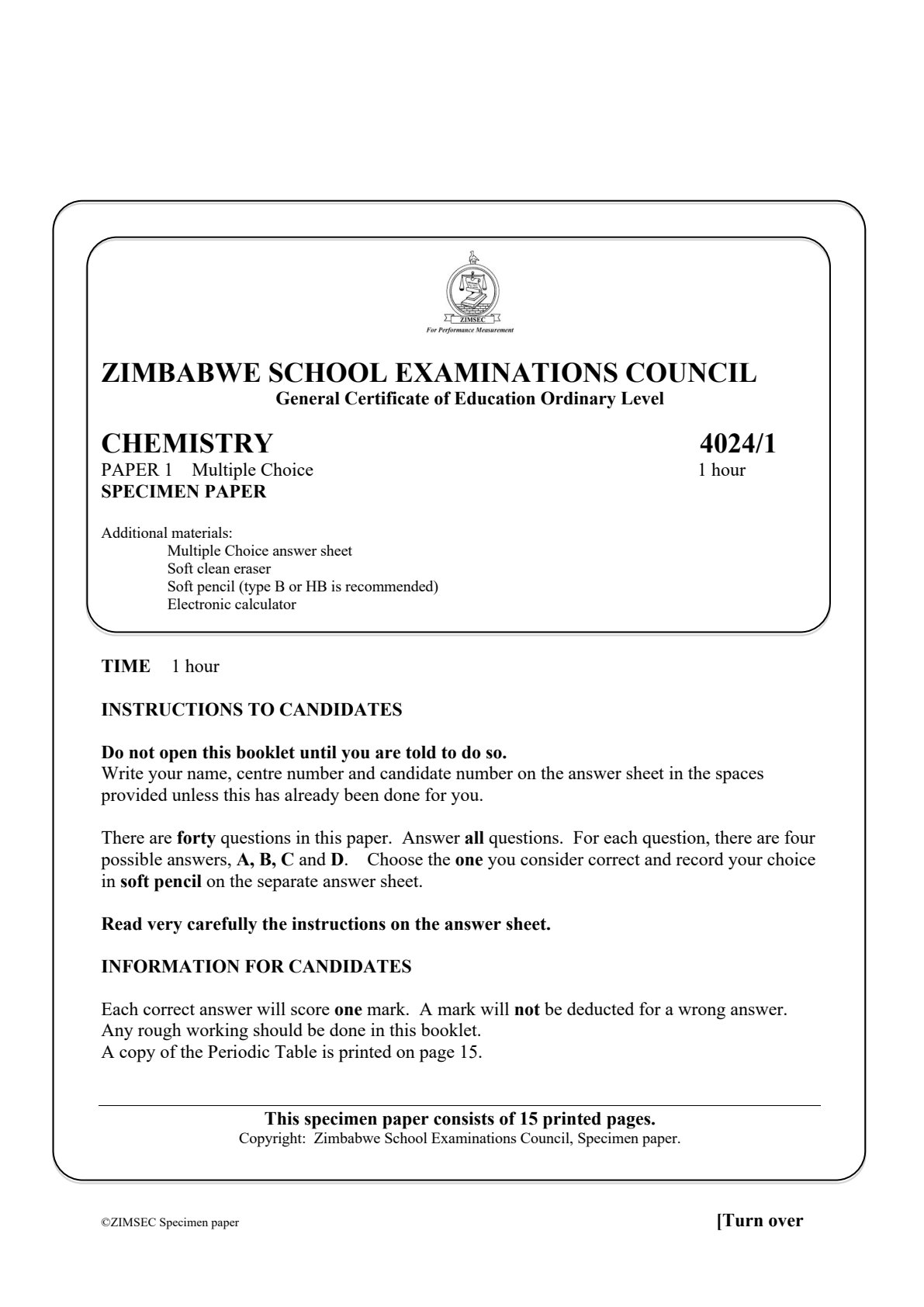 First page of ZIMSEC O-Level Chemistry Paper 1 Question Paper