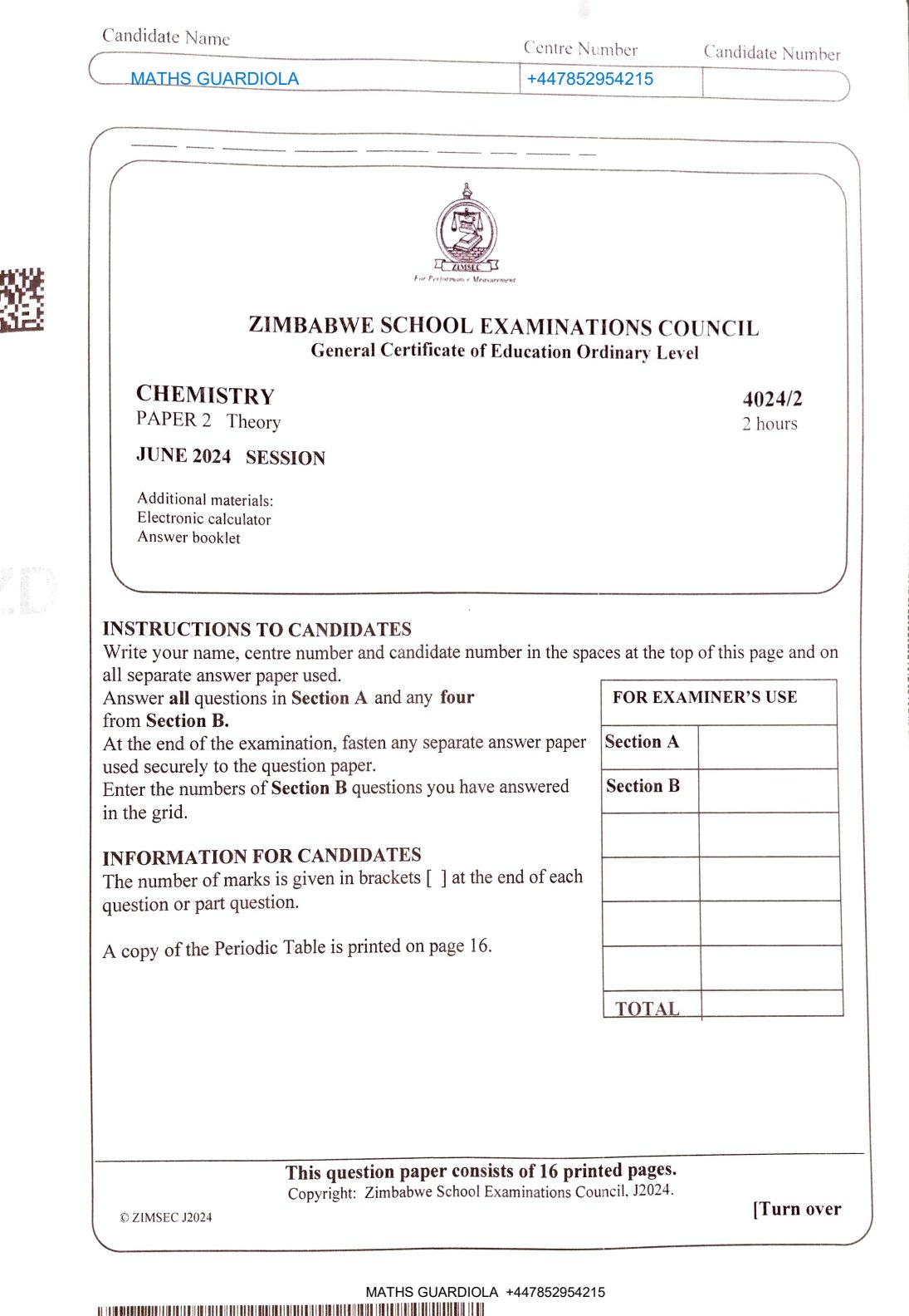 First page of ZIMSEC O-Level Chemistry Paper 2 June 2024 Question Paper