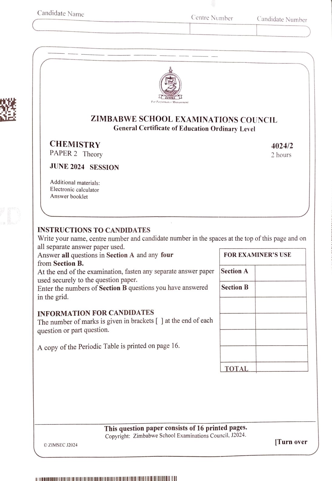 First page of ZIMSEC O-Level Chemistry Paper 2 June 2024 Question Paper