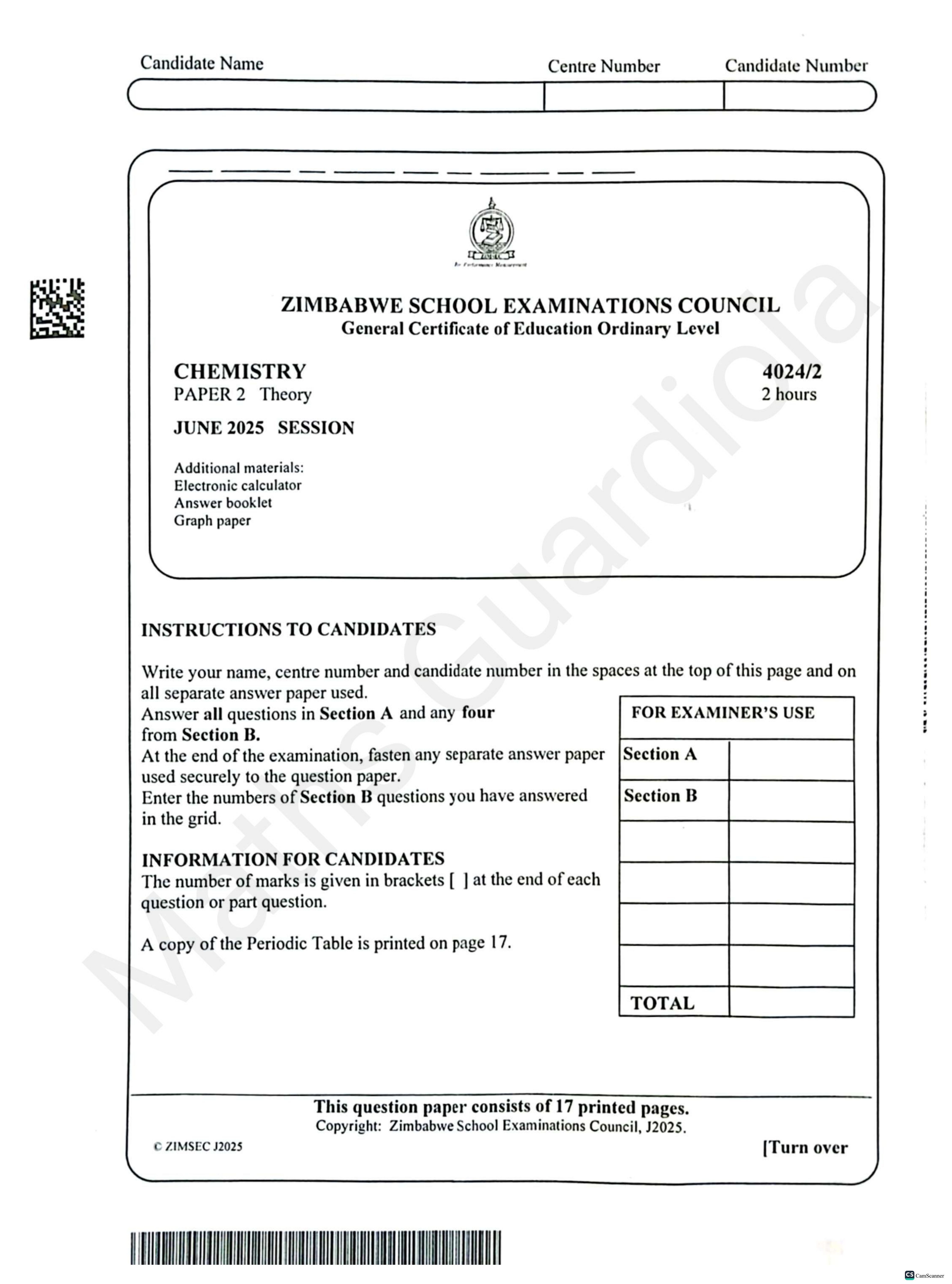 First page of ZIMSEC O-Level Chemistry Paper 2 June 2025 Question Paper