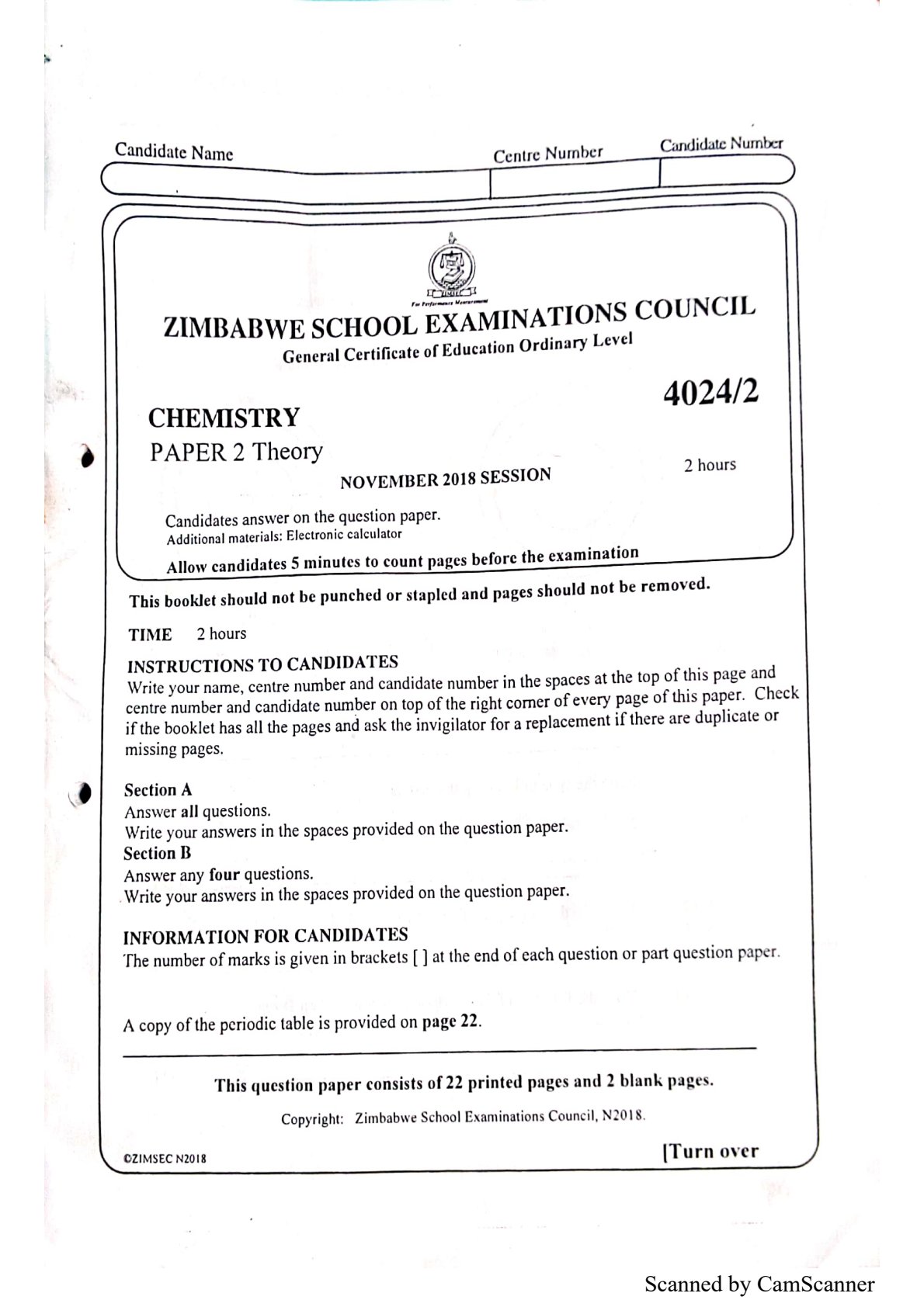 First page of ZIMSEC O-Level Chemistry Paper 2 November 2018 Question Paper