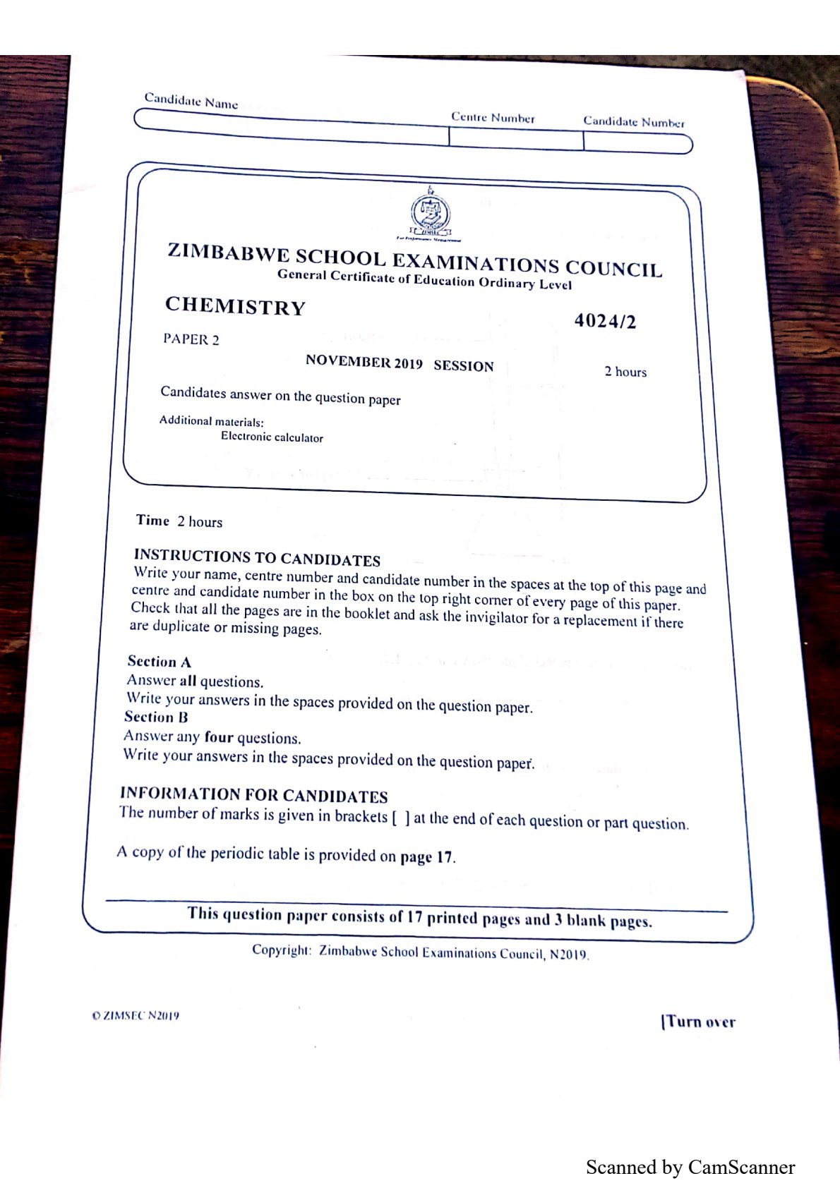 First page of ZIMSEC O-Level Chemistry Paper 2 November 2019 Question Paper