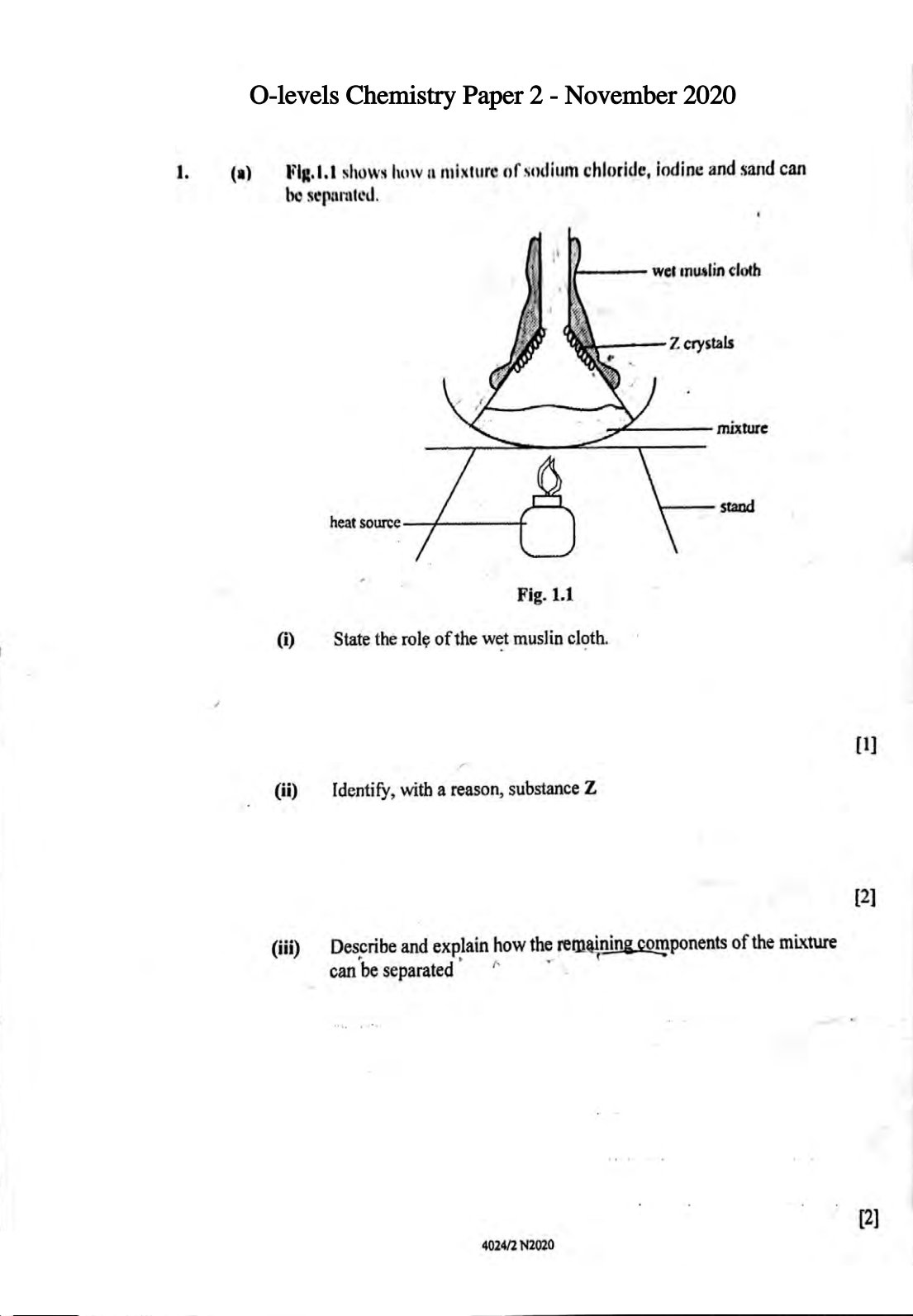 First page of ZIMSEC O-Level Chemistry Paper 2 November 2020 Question Paper