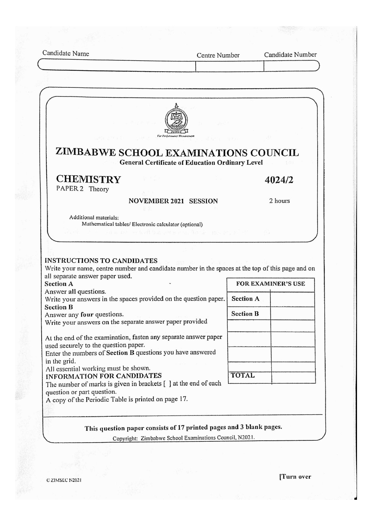 First page of ZIMSEC O-Level Chemistry Paper 2 November 2021 Question Paper