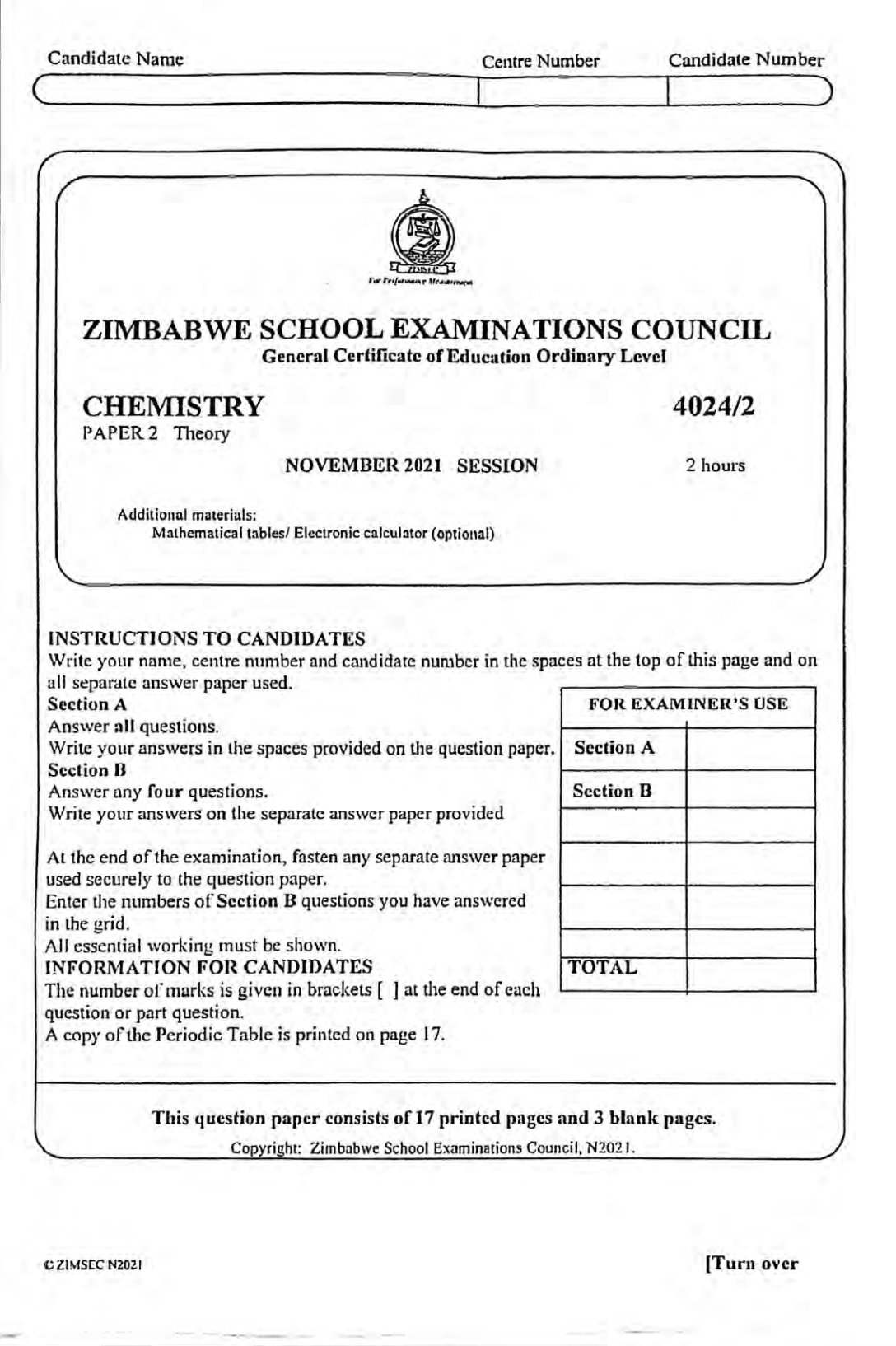 First page of ZIMSEC O-Level Chemistry Paper 2 November 2021 Question Paper