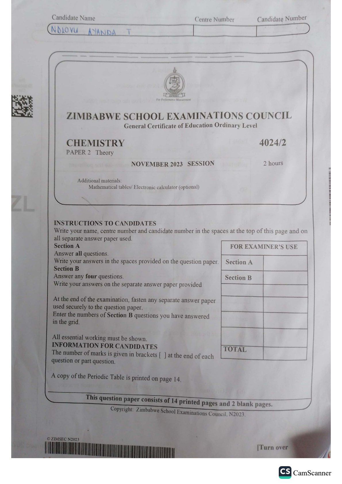 First page of ZIMSEC O-Level Chemistry Paper 2 November 2023 Question Paper