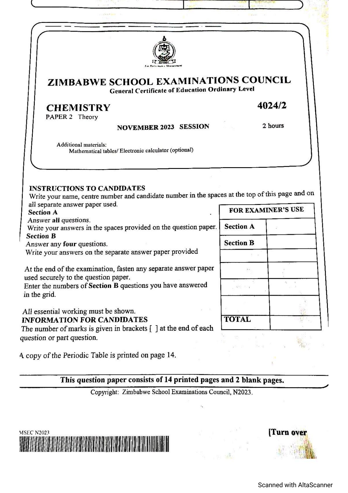 First page of ZIMSEC O-Level Chemistry Paper 2 November 2023 Question Paper