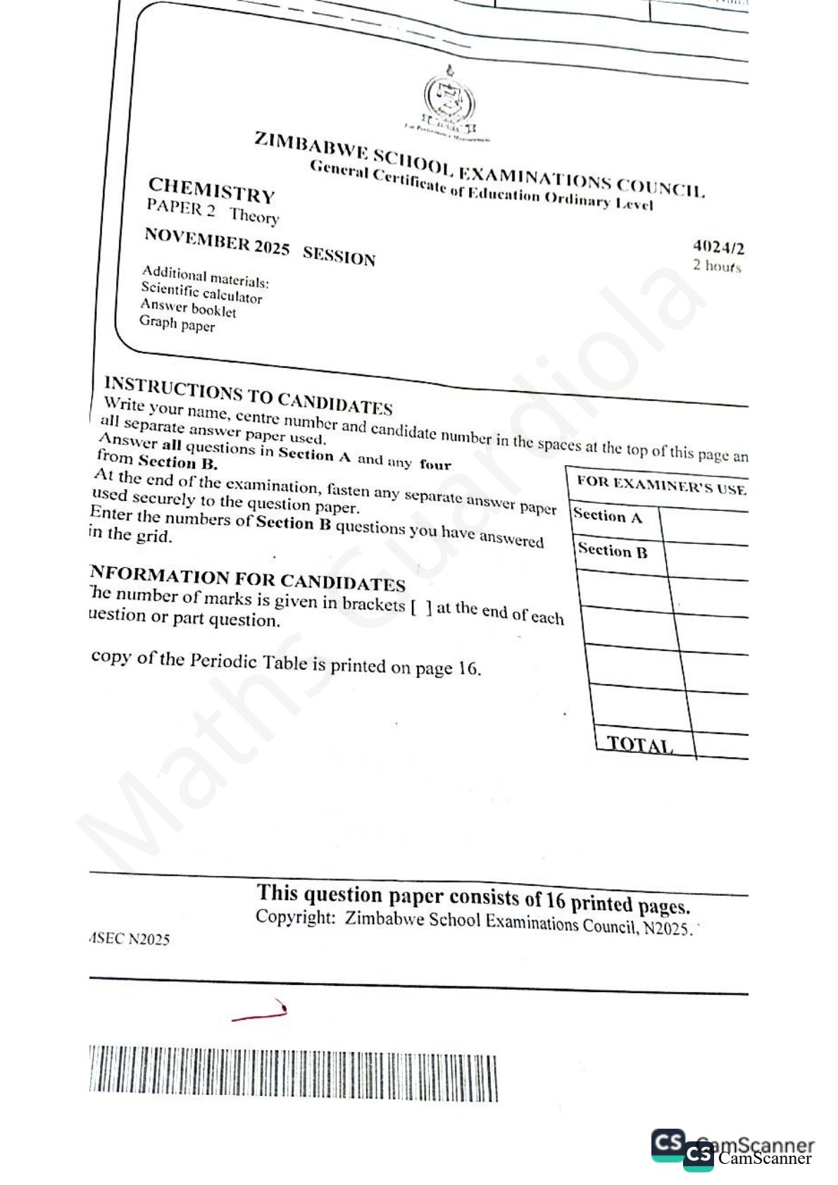 First page of ZIMSEC O-Level Chemistry Paper 2 November 2025 Question Paper