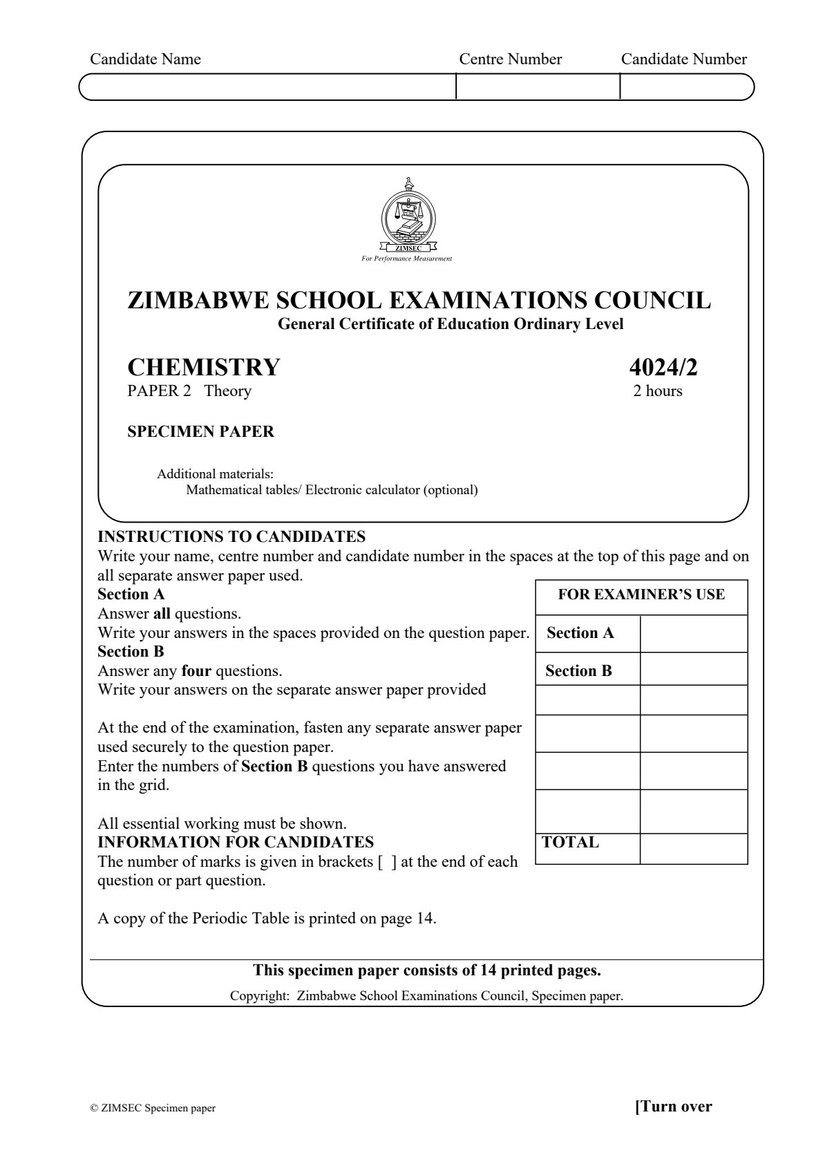First page of ZIMSEC O-Level Chemistry Paper 2 Question Paper