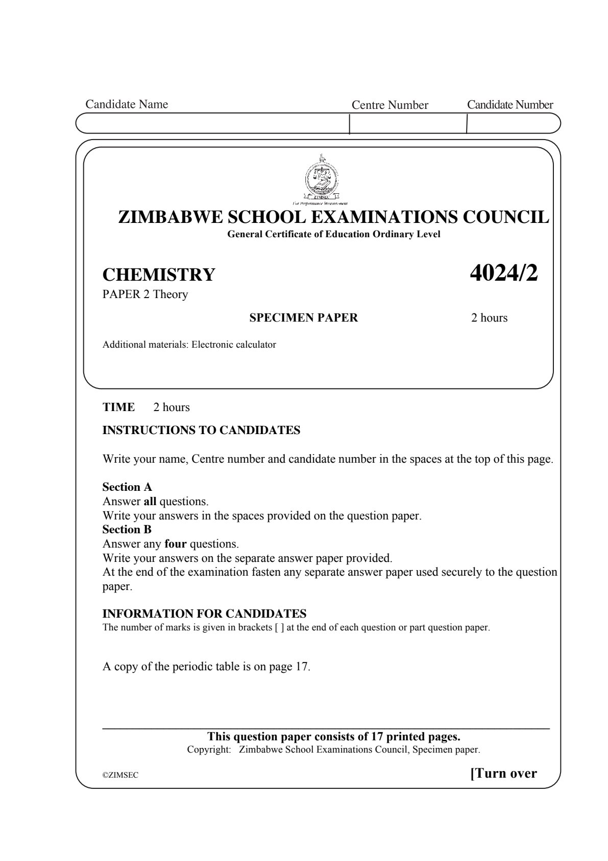 First page of ZIMSEC O-Level Chemistry Paper 2 Question Paper