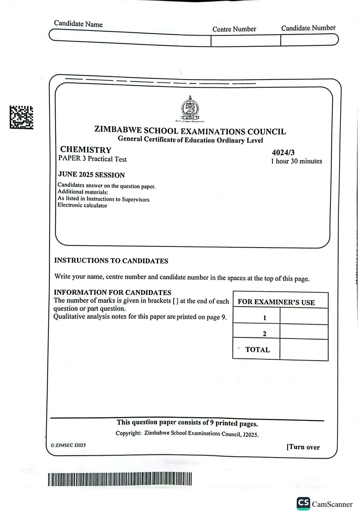 First page of ZIMSEC O-Level Chemistry Paper 3 June 2025 Question Paper
