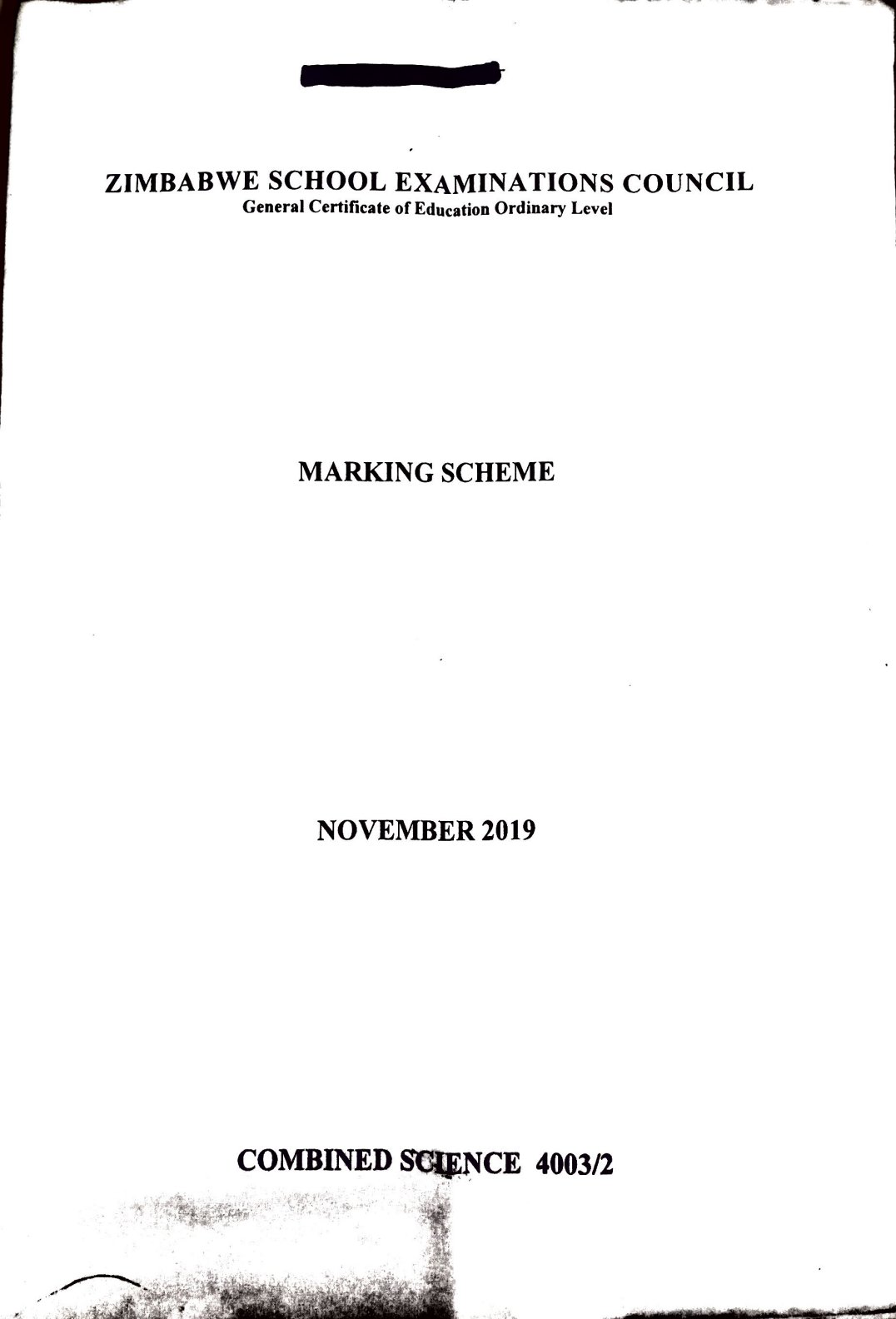 First page of ZIMSEC O-Level Combined Science November 2019 Marking Scheme