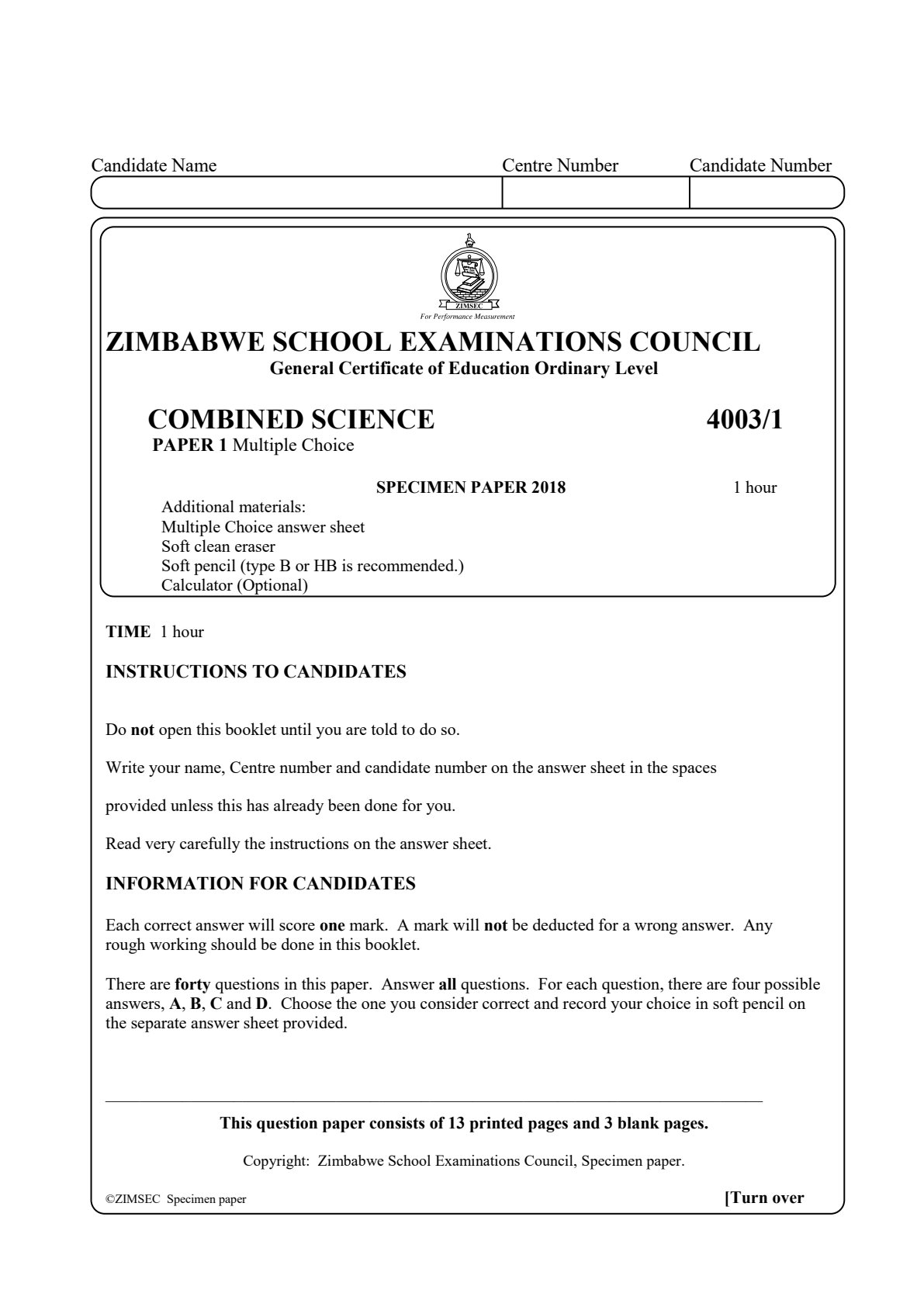 First page of ZIMSEC O-Level Combined Science Paper 1 2018 Question Paper