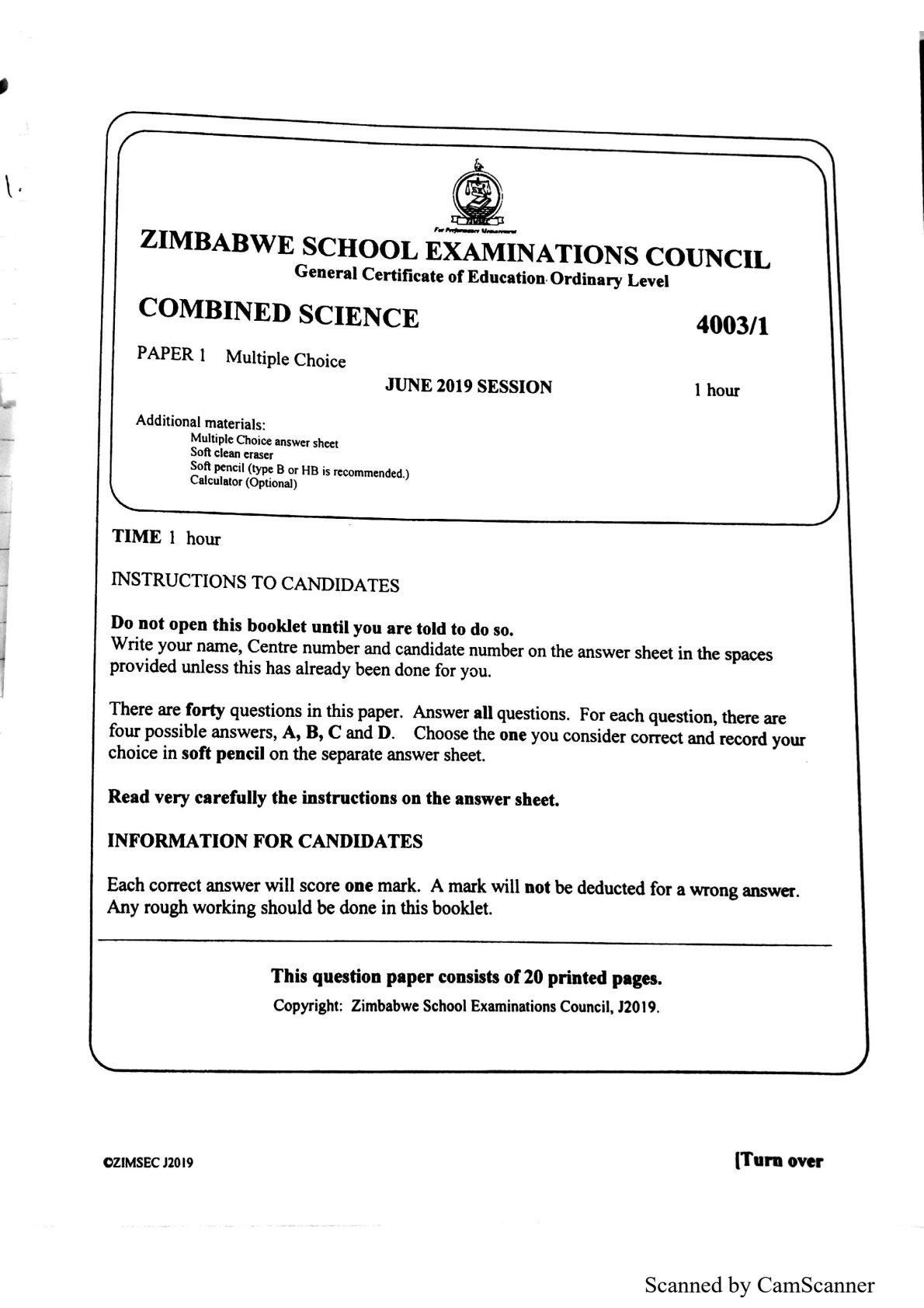 First page of ZIMSEC O-Level Combined Science Paper 1 June 2019 Question Paper