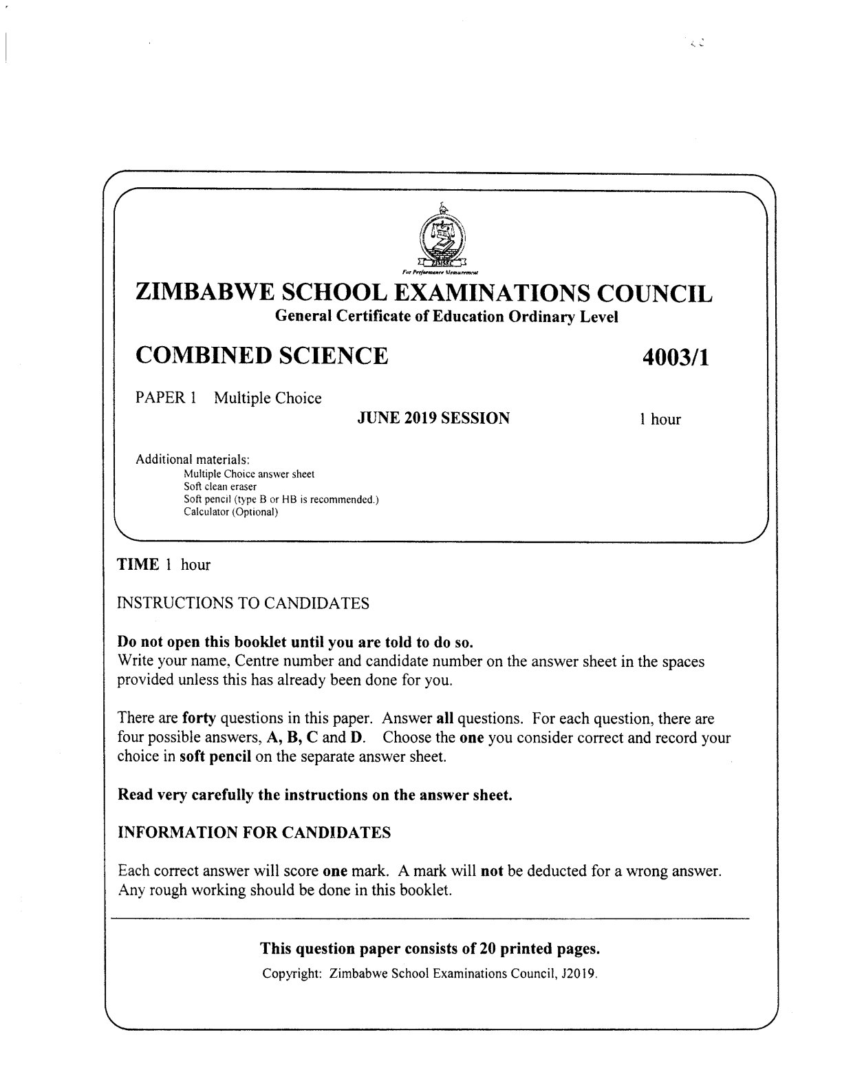 First page of ZIMSEC O-Level Combined Science Paper 1 June 2019 Question Paper