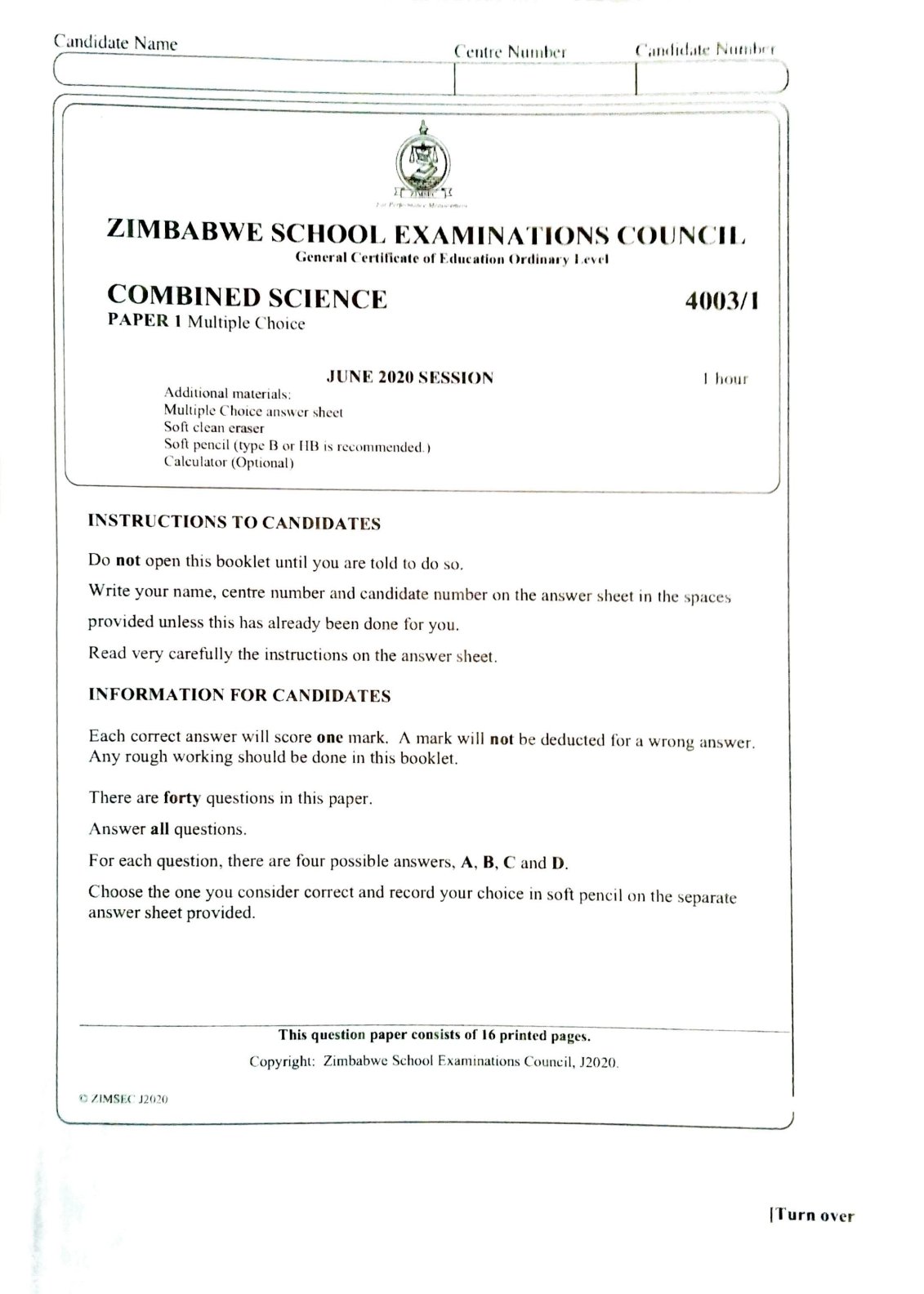 First page of ZIMSEC O-Level Combined Science Paper 1 June 2020 Question Paper