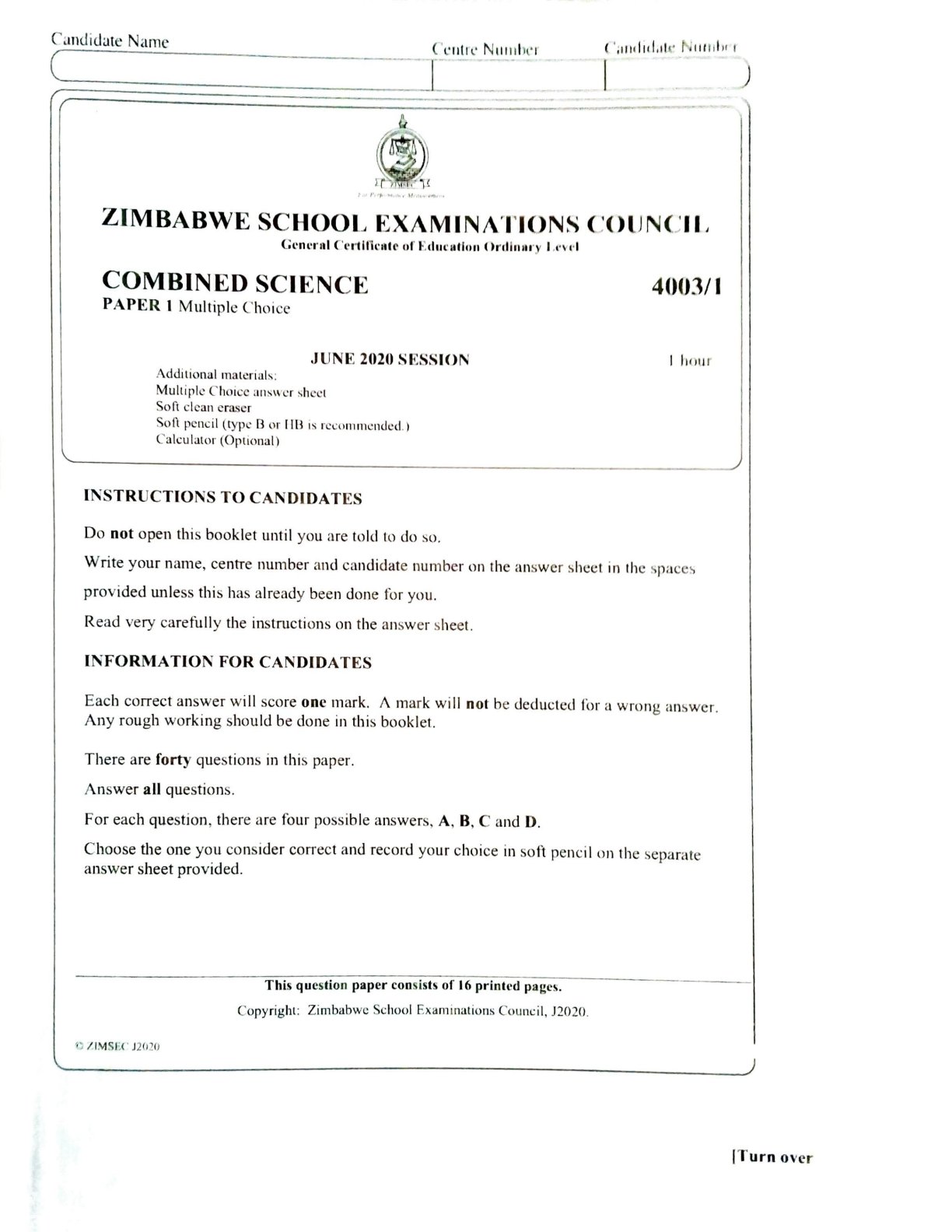 First page of ZIMSEC O-Level Combined Science Paper 1 June 2020 Question Paper