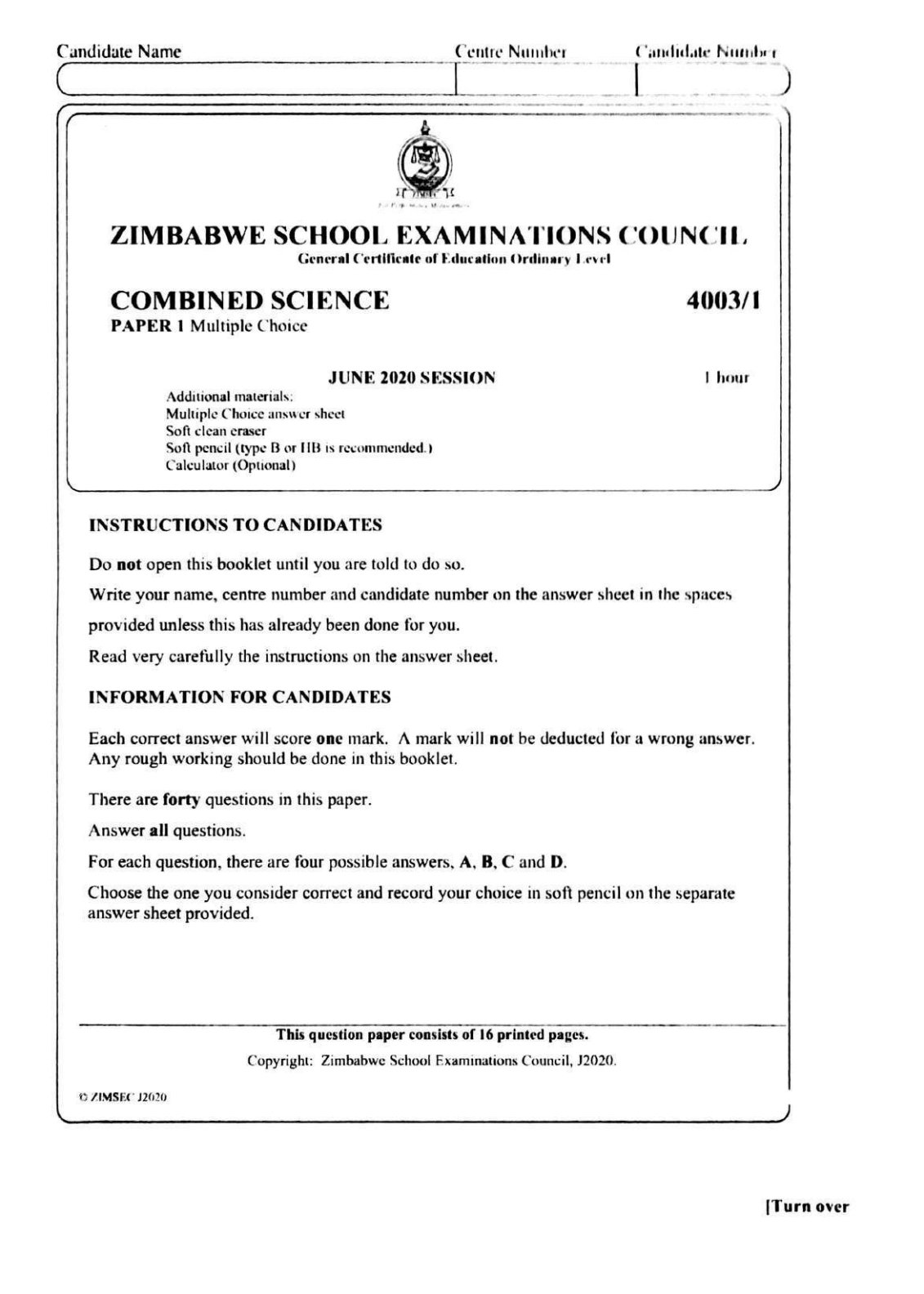 First page of ZIMSEC O-Level Combined Science Paper 1 June 2020 Question Paper