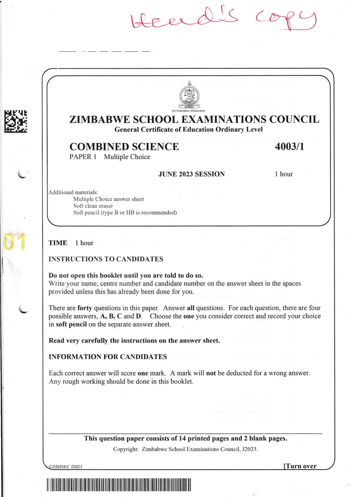 First page of ZIMSEC O-Level Combined Science Paper 1 June 2023 Question Paper
